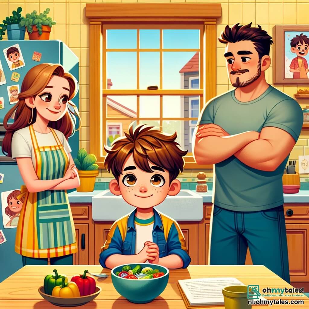 In een gezellige keuken staat Tom, een 11-jarig jongetje met kastanjebruin haar en sprankelende ogen, in het midden met een vastberaden, maar licht nerveus gezicht. Rechts van hem staat zijn moeder, een vrouw van in de dertig met lang bruin haar, in een kleurrijk schort, die haar zoon aanmoedigt. Links van hem staat zijn vader, een stevige man met kort zwart haar, met zijn armen gekruist en een aandachtige, open blik. De keuken is helder met gele muren en ramen die zonlicht binnenlaten, wat een houten tafel verlicht waarop kleurrijke gerechten zijn geplaatst. Kinderd tekeningen versieren de koelkast, wat een huiselijke sfeer toevoegt. Tom spreekt om zijn gevoelens te uiten, terwijl zijn ouders aandachtig luisteren, wat een oprecht moment van communicatie en familiale steun creëert.