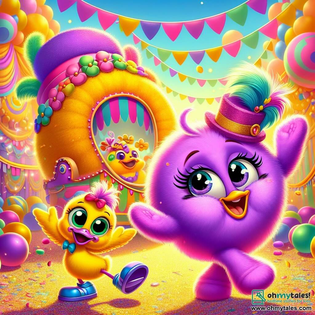 A small round and fluffy character named Sparkle is at the center of the image. Dressed in purple, she has a big joyful smile and sparkling eyes. She wears a pink hat and a golden scarf, dancing with her arms raised to the sky. Next to her, Pippa, an adorable little yellow cane, is also dancing, looking playful with her wings spread, adding cheer to the scene. A bit further away, Skitter, a small green insect with large blue shoes, is dancing with a mischievous smile, making squeaking sounds. The setting is a carnival party, with colorful balloons floating in the air, vibrant crepe paper streamers, and a large orange cloud-shaped float decorated with multicolored flowers. The scene shows Sparkle, Pippa, and Skitter joyfully dancing together in the parade, surrounded by laughter and music, capturing the festive spirit and friendship of the carnival.