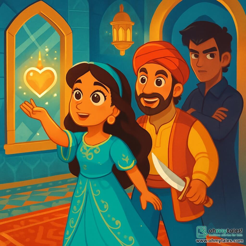 Layla, a young woman with star-like bright eyes and golden skin, stands at the center of a bright room in the palace. She wears a flowing turquoise silk dress adorned with golden patterns, her face radiating gentle determination. She reaches out for a heart-shaped crystal, her expression a mix of wonder and courage. Beside her, Amir, a warm-smiling man in his 30s with a brown beard and colorful clothing, admires Layla while holding a sparkling ancient sword, ready to support her in her quest. In the shadows, Zafir, a young man with angular features and dark hair, stands slightly back, his face marked by envy and rivalry, arms crossed. The scene unfolds in a majestic palace hall with walls covered in sparkling mirrors that reflect the golden light of hanging lanterns. The floor is paved with colorful mosaics, and richly patterned oriental rugs stretch beneath their feet. The main situation shows Layla, full of courage, ready to seize the magical crystal representing the heart of the palace, as Amir encourages her and Zafir, in the background, watches with a defiant expression.