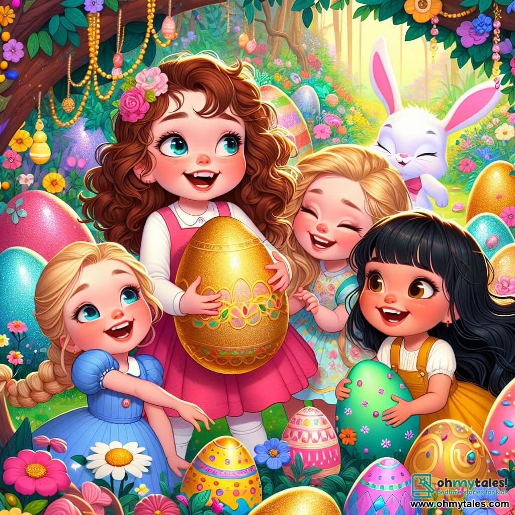 In a magical secret garden, four joyful girls are on an Easter egg hunt. Lucy, a six-year-old with curly brown hair and a pink dress, holds a large golden egg, her eyes shining with excitement. Next to her, Mia, also six, with braided blonde hair and a yellow dress, bends down to pick up a glittery egg. Emma, another six-year-old with straight black hair in a blue dress, admires a bunny-shaped egg she just found. Finally, Zoe, a six-year-old with red hair in a green dress, laughs as she discovers an egg hidden behind a candy tree. 

The garden is filled with colorful flowers, giant candies, and butterflies fluttering around them. Candy cane trees and jelly bushes create a whimsical atmosphere. 

The girls are actively searching for hidden eggs among the vibrant flowers and sugary trees, their faces beaming with joy and friendship.