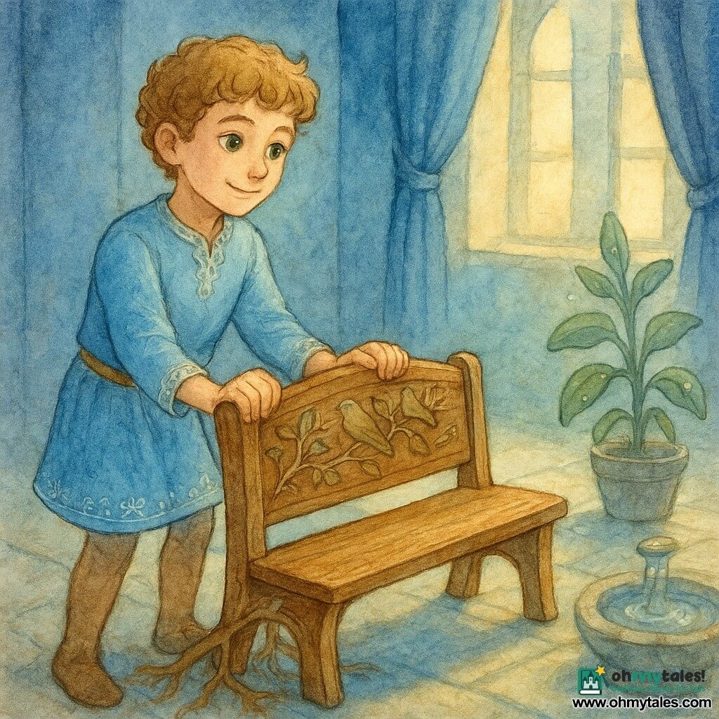 A young prince (boy), about 12, light chestnut curly hair, bright green eyes, wearing a short sky-blue robe with silver embroidery, gentle focused expression, slight smile, delicately pulling an intricately carved wooden bench toward the light; an antique varnished wooden bench with ivy and bird carvings sits foreground left, fine roots still clinging to the wall; a sage plant with gray-green leaves, slightly anthropomorphized as if helping, near the window to the prince's right, water droplets sparkling on its leaves; a small polished stone fountain with clear water dropping in ripples at the back right, reflecting light like pearls; the blue room has tall windows with indigo velvet curtains drawn aside, cornflower walls, light stone tile floor, golden sunbeams creating bright patches on the floor; main action: the prince gently frees the bench trapped by roots, conveying movement and relief; warm welcoming atmosphere, dominant colors sky blue, indigo, warm wood and sage green, with visible grainy watercolor texture.