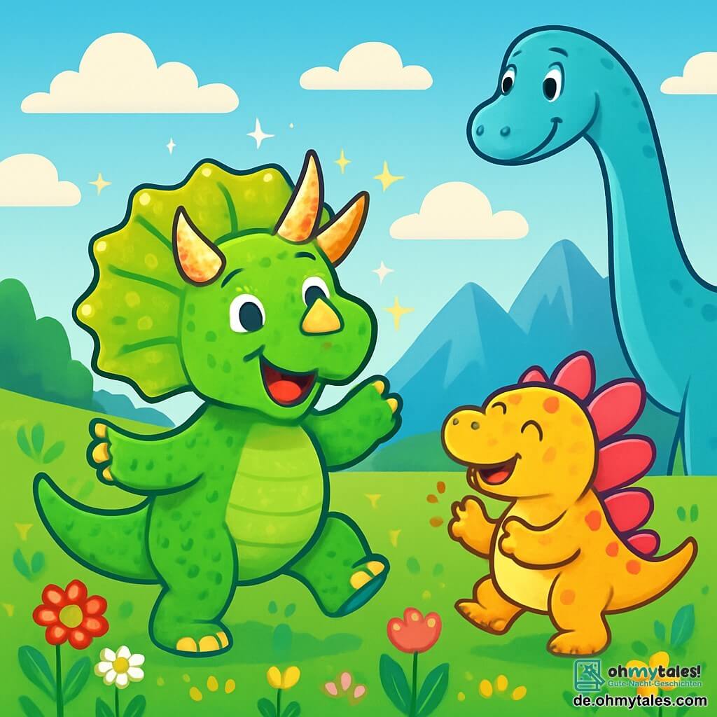 Ein fröhlicher Triceratops namens Toni, mit glänzend grünen Schuppen und bunten Hörnern, die in der Sonne funkeln, tanzt inmitten einer blühenden Wiese. Seine strahlenden Augen zeigen seine Begeisterung. Neben ihm applaudiert ein kleiner Stegosaurus namens Stegi, mit rosa Rückenschildern und einem freundlichen Lächeln, hüpfend. Ein großer Apatosaurus, mit einem langen Hals und hellblauer Haut, beobachtet die Szene wohlwollend aus der zweiten Reihe. Der Ort ist eine weite, grüne Wiese, übersät mit bunten Blumen, unter einem strahlend blauen Himmel mit sanft schwebenden, weißen, flauschigen Wolken. In der Ferne erheben sich majestätische Berge und verleihen der zauberhaften Landschaft eine besondere Größe. Die Hauptsituation zeigt Toni und seine Freunde, die zusammen feiern, tanzen und lachen, umgeben von funkelnden Blumen und einer fröhlichen Atmosphäre, die die Freundschaft und die Magie ihres Abenteuers illustriert.