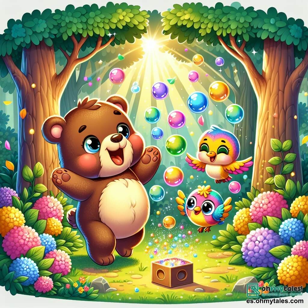 Ilustración que representa un oso jovial y regordete, con pelaje marrón y ojos brillantes de curiosidad. Está saltando de alegría, rodeado de burbujas de colores que flotan a su alrededor, estallando en confeti multicolor. Un pequeño pájaro de plumas brillantes y coloridas, con un pico amarillo y ojos traviesos, vuela alegremente cerca del oso, mostrando una amplia sonrisa y alas desplegadas. El lugar principal es un bosque encantado, lleno de árboles majestuosos con troncos gruesos, flores vibrantes y rayos de sol filtrándose a través del follaje, creando una atmósfera mágica y alegre. La situación principal muestra al oso descubriendo una caja brillante bajo un arbusto, de la que escapan burbujas de colores, mientras el pájaro admira la escena, listo para participar en la diversión. Elementos adicionales incluyen destellos de luz centelleante alrededor de las burbujas, hojas que caen suavemente de los árboles y un suelo cubierto de flores multicolores, añadiendo a la atmósfera alegre y mágica de este encuentro.