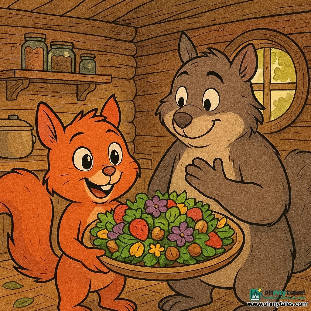 A small anthropomorphic red squirrel named Sammy, round-faced with big bright eyes and a bushy tail, proudly and joyfully holds a wooden tray with a colorful salad (strawberries, green leaves, purple flowers, yellow petals, hazelnuts); beside him stands a larger gray-brown father squirrel, Mr. Nutters, with a gentle smile and hand to his heart, slightly leaning toward Sammy, in a cozy treehouse kitchen with light log walls, shelves of jars, and a round window casting a warm sunbeam and leaf-shaped shadows on the wooden floor — a centered composition capturing surprise and tenderness, vivid colors, clean lines, woody textures, and natural details.
