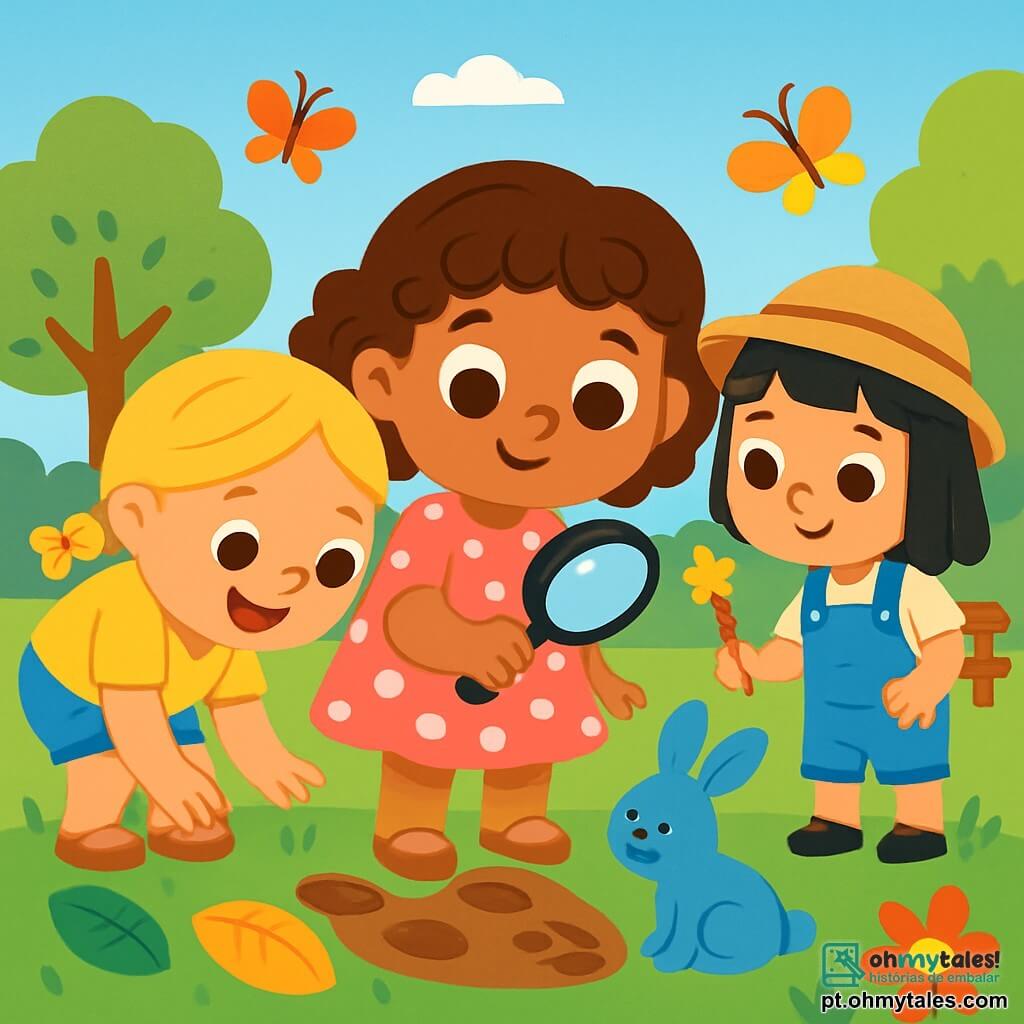 Há 3 personagens: Ana, uma menina de 2 anos com cabelos cacheados castanhos e olhos brilhantes, vestindo um vestido rosa com bolinhas brancas e segurando uma lupa. Ela está no centro, olhando atentamente para o chão. Bia, uma menina de 2 anos com cabelos loiros trançados e um sorriso radiante, usa uma camiseta amarela e um short de jeans, inclinando-se para examinar uma pegada na terra à esquerda de Ana. Lia, uma menina de 2 anos com cabelos lisos pretos e olhos curiosos, veste um macacão azul e um chapéu de palha, posicionando-se à direita de Ana, segurando uma pequena varinha colorida. O cenário é um jardim ensolarado, repleto de flores coloridas, árvores verdes e um céu azul claro, com borboletas voando ao redor e um pequeno banco de madeira ao fundo. A situação principal mostra as três pequenas aventureiras em busca de pistas para encontrar um coelhinho azul, alegres e concentradas, cercadas por marcas na terra e folhas coloridas, prontas para resolver o mistério.