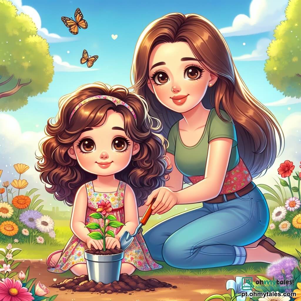 Uma menina de 8 anos, Clara, com cabelos castanhos e cacheados, grandes olhos castanhos cheios de emoção, está sentada em um jardim ensolarado. Ela usa um vestido colorido com flores e segura uma pequena pá de plástico, plantando uma jovem flor na terra, com um leve sorriso no rosto, mas uma expressão de tristeza nos olhos. Ao lado dela, sua mãe, uma mulher de cerca de 35 anos, com cabelos longos e lisos, vestindo uma camiseta simples e jeans, se inclina para encorajá-la, com um olhar suave e reconfortante. O jardim está cheio de flores vibrantes, borboletas voando e um céu azul claro, criando uma atmosfera tranquila. A cena principal mostra Clara, concentrada na plantação da flor em homenagem ao avô, simbolizando o amor e as memórias que ela deseja preservar.