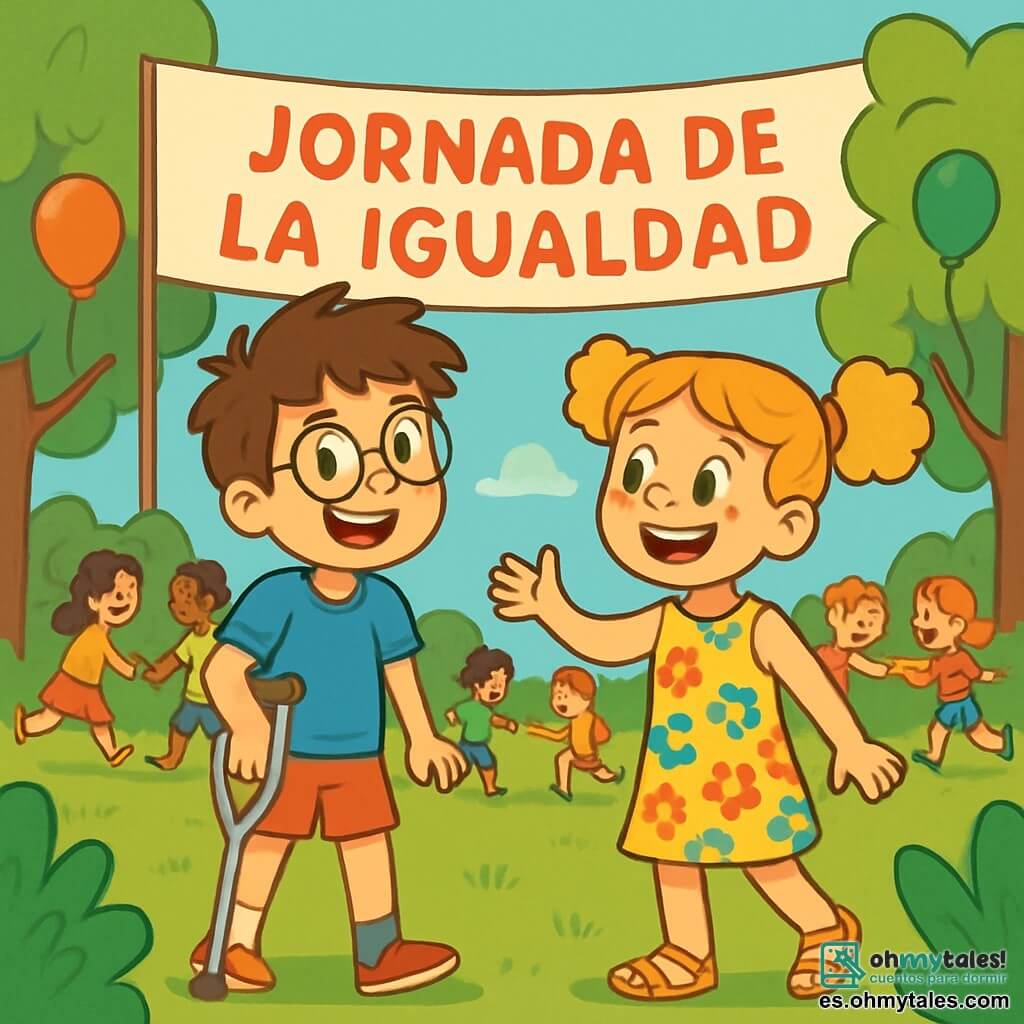 Hay 2 personajes principales: - Martín: un niño de 10 años, con cabello castaño desordenado y gafas redondas. Lleva una camiseta azul y un pantalón corto rojo. Usa una muleta para moverse y sonríe con entusiasmo. - Clara: una niña de 10 años, con cabello rizado y dorado, atado en dos coletas. Lleva un vestido de flores coloridas y sandalias. Ella está de pie al lado de Martín, animándolo con una gran sonrisa. El lugar donde se desarrolla la situación principal es un parque soleado, lleno de vegetación. Árboles majestuosos con hojas verdes vibrantes rodean un gran espacio de juegos. En el centro, un grupo de niños se divierte alrededor de una gran pancarta colorida que dice "Día de la Igualdad". Globos flotan en el cielo azul y risas resuenan en el aire. La situación principal de la historia muestra a Martín y Clara organizando juegos para todos los niños, donde cada uno puede participar, sin importar su género. Están rodeados de niños que corren y juegan juntos, ilustrando el espíritu de igualdad y camaradería.