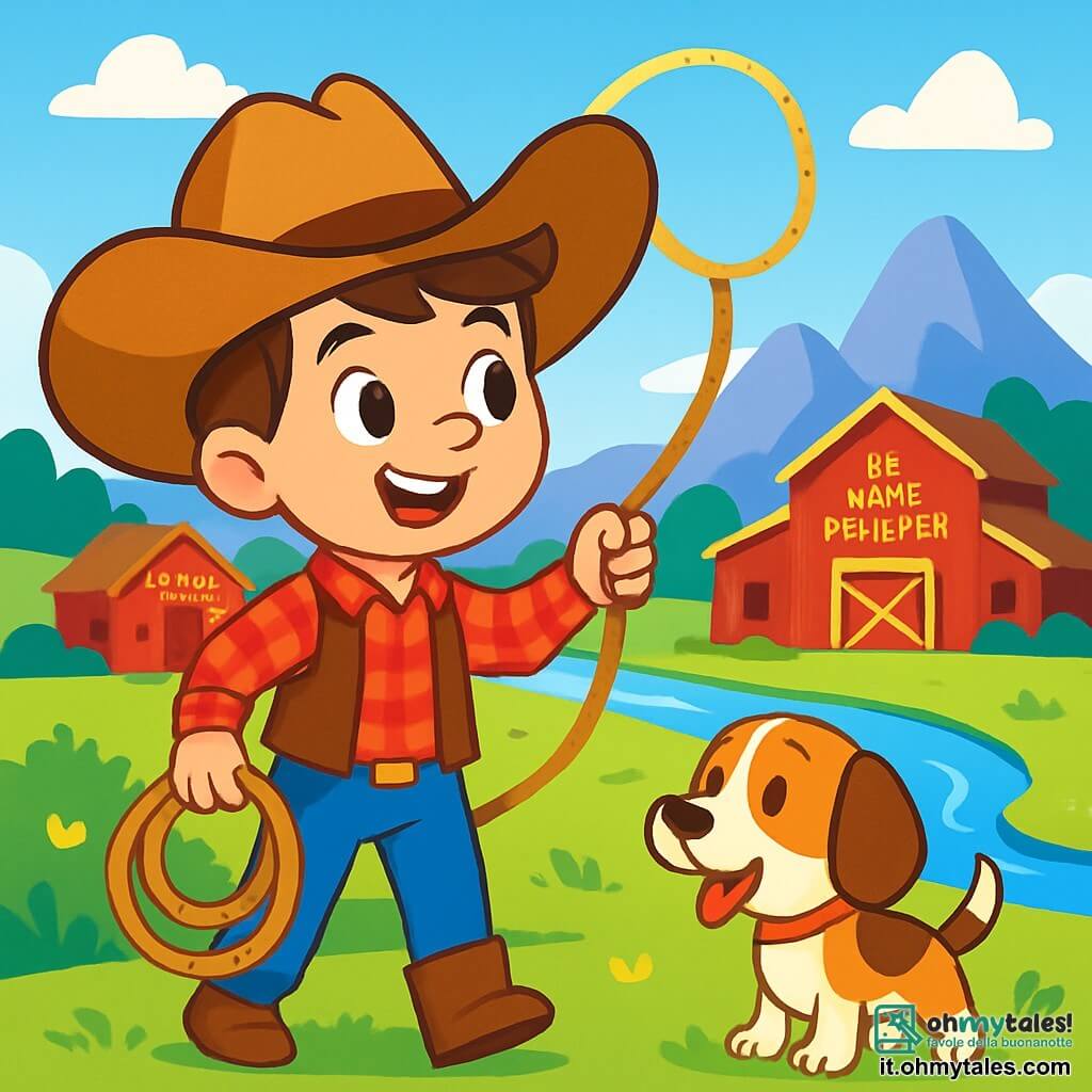 Un giovane cowboy, Billy, un ragazzino di circa 10 anni, sorridente e pieno di energia, indossa un grande cappello da cowboy e una camicia a quadri rossi e blu. Tiene un lasso in una mano e guarda con curiosità verso il fiume scintillante in lontananza. Accanto a lui, il suo fedele cane Toby, un piccolo beagle dalle orecchie grandi, agita la coda con entusiasmo, pronto per l'avventura. Sullo sfondo, il ranch di Polvere Rossa si erge con i suoi edifici in legno rosso, circondato da prati verdi e montagne maestose sotto un cielo blu splendente. La scena mostra Billy, determinato ed eccitato, pronto a partire alla ricerca della pepita d'oro nascosta vicino al fiume.