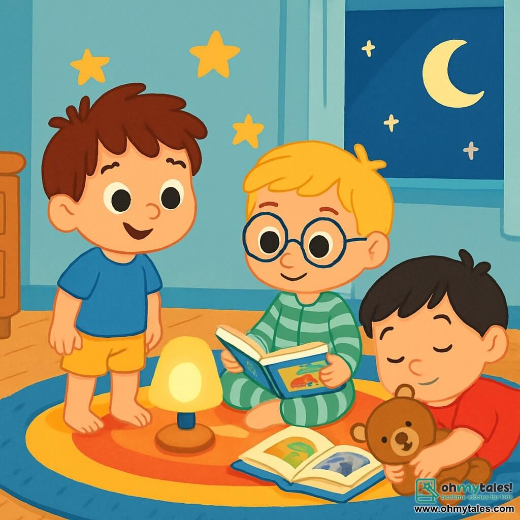 There are three characters: Jack, a nearly 4-year-old boy with messy brown hair and sparkling eyes, wearing a blue t-shirt and yellow shorts, standing near a softly glowing lamp; Tom, also nearly 4, with blond hair and round glasses, in a green and white striped pajama, sitting on a fluffy rug holding a storybook; and Leo, nearly 4 as well, with black hair and round cheeks, in a red t-shirt and denim pants, lying on the floor hugging his soft teddy bear. The setting is a cozy children's room with light blue walls and golden stars on the ceiling, a large colorful rug in the center, and a window letting in soft moonlight. The main scene shows the three friends together in the room, finding comfort in the light, stories, and hugs. Jack smiles at the lamp, Tom flips through his colorful picture book, and Leo hugs his bear, all ready to face the night without fear.