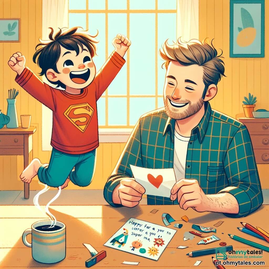Um menino de 4 anos, Miguel, com cabelos castanhos bagunçados e olhos brilhantes de alegria, está pulando de felicidade, segurando um bonito cartão colorido nas mãos. Ele usa uma camiseta vermelha com um desenho de super-herói e um short azul. Ao lado dele, seu pai, um homem de cerca de 30 anos, com uma barba leve e um sorriso caloroso, está de joelhos, olhando para o cartão com admiração. Ele veste uma camisa xadrez e jeans. A cena acontece em uma cozinha iluminada e acolhedora, com paredes amarelas e uma grande janela que deixa entrar o sol. Na mesa, há uma xícara de café fumegante e lápis espalhados, evidenciando a atividade criativa de Miguel. A situação principal mostra Miguel surpreendendo seu pai com um lindo desenho e uma carta para o Dia dos Pais, repletos de amor e alegria, criando um momento mágico entre eles.