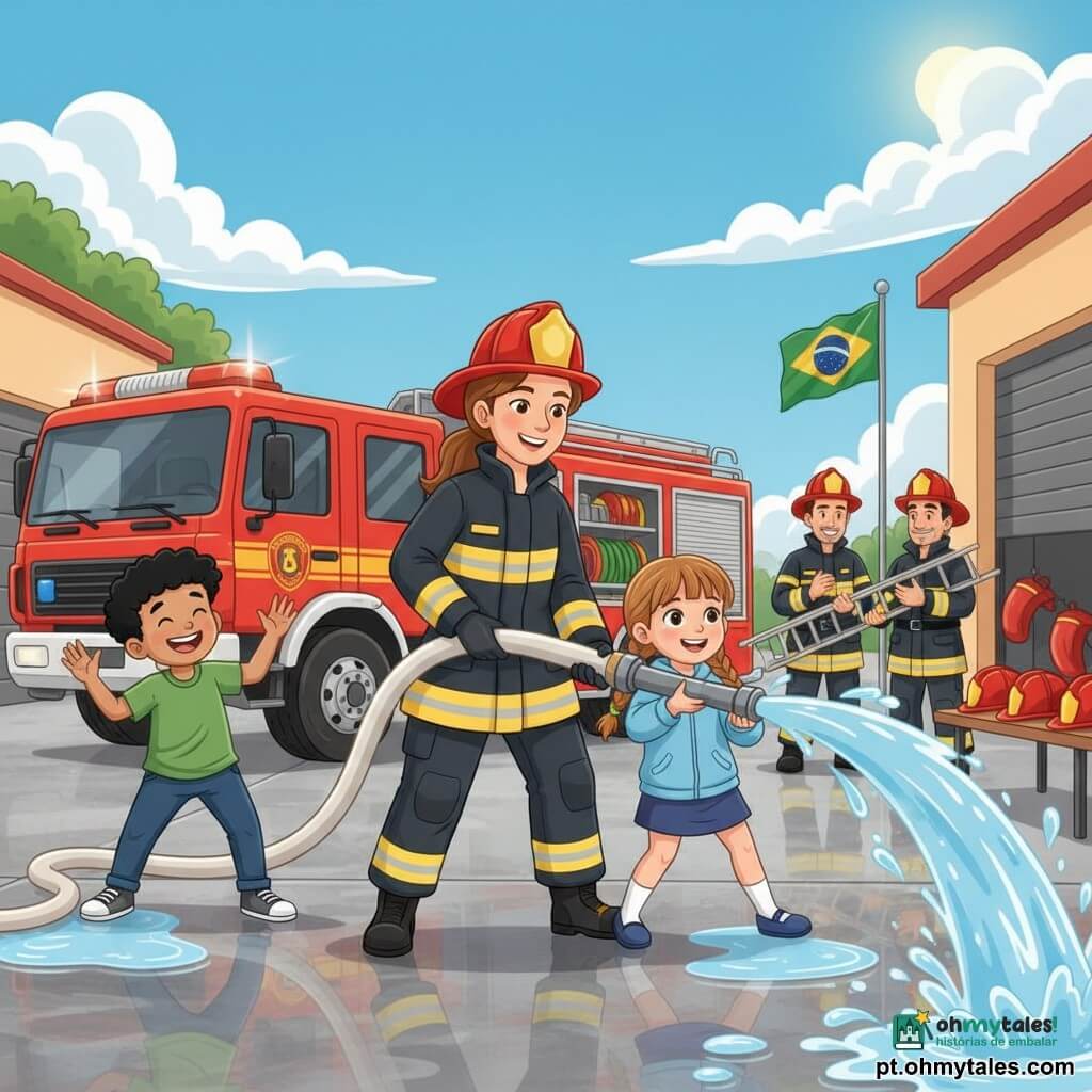 Uma capitã bombeira adulta (Capitã Sofia), sorridente, cabelos castanhos presos em rabo, capacete vermelho, roupa amarela e preta brilhante, segura uma grande mangueira com água jorrando em arco; confiante e firme. Uma menina (Clara, ~8 anos), cabelo castanho-claro em rabo, olhos maravilhados, jaqueta azul, segura a mangueira com as duas mãos, feliz e animada, em primeiro plano à direita. Um menino (~9 anos), cabelo curto preto, camiseta verde, ri e recua perto de uma poça. Dois bombeiros adultos ao fundo junto a um grande caminhão de bombeiros vermelho observam e aplaudem; um segura uma escada, outro um rádio. Cena na garagem do quartel: chão de cimento molhado com reflexos, caminhão vermelho com mangueiras enroladas, fileira de capacetes num banco, bandeira ao vento, céu azul com nuvens. Treino de demonstração: a menina, ajudada pela capitã, aciona a mangueira para molhar um alvo simulado; água em gotas e arcos brilhantes, expressão de alegria e espírito de equipe, cores vivas e formas simples para livro infantil.