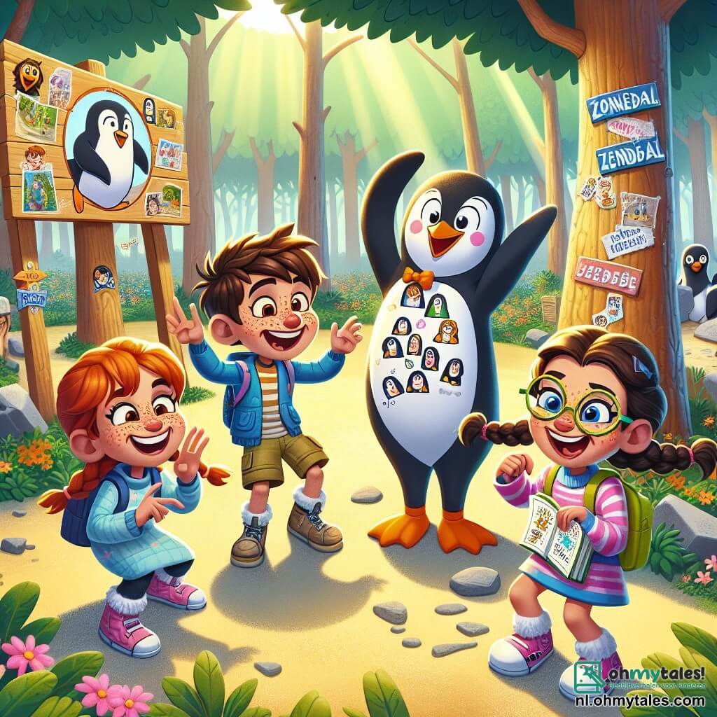 In een zonnige open plek in het mysterieuze bos van Zonnedal staan vier vrienden klaar voor hun uitdaging. Max, een jongen met rommelig bruin haar en sprankelende ogen, draagt een pinguïnmasker en maakt komische dansbewegingen. Naast hem lacht Lina, een meisje met vlechten en kleurrijke brillen, terwijl ze een notitieboek vol aantekeningen vasthoudt. Sam, een jongen met rood haar en sproeten, trekt gezichten terwijl hij een pinguïn imiteert, met zijn armen omhoog. Ten slotte kijkt Noor, een meisje met kastanjebruin haar en ondeugende ogen, hen met een glimlach aan, klaar om de uitdaging aan te gaan. De open plek is omringd door grote bomen met heldergroene bladeren, en kleurrijke bloemen bedekken de grond. Een groot houten bord met dansende pinguïnpatronen kondigt de uitdaging aan. De vrienden bereiden zich voor om als pinguïns te dansen om de laatste proef te overwinnen en hun moed tegenover de magie van het bos te bewijzen.