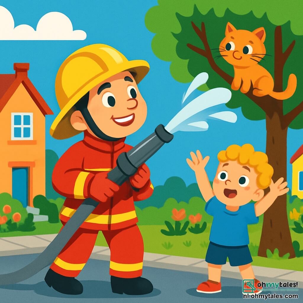 Een glimlachende en dappere brandweerman in een glanzend rode overall en een gele helm leidt een krachtige waterstraal met zijn spuit. Zijn ogen stralen vastberadenheid uit. Naast hem staat een jongen van ongeveer 5 jaar met blond, krullend haar, die vol bewondering kijkt en de armen omhoog houdt om de brandweerman na te doen. Ze bevinden zich in een drukke straat, omringd door kleurrijke huizen met bloeiende tuinen, onder een stralende blauwe lucht. De belangrijkste situatie toont de brandweerman die een klein kitten redt dat vastzit in een boom, terwijl het kind enthousiast aanmoedigt.
