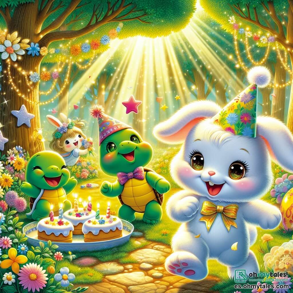 Ilustración que representa un pequeño conejito, con pelaje blanco como la nieve y grandes orejas suaves. Tiene ojos brillantes y una sonrisa radiante, expresando una inmensa alegría mientras salta de felicidad en medio de una fiesta. A su lado, una pequeña tortuga con un caparazón verde y ojos chispeantes, sonriente, que lleva un delantal y sostiene un plato de pasteles en forma de estrellas. Un pato amarillo brillante, con plumas resplandecientes y un sombrero de fiesta, toca música alegre con sus patas, mostrando una expresión juguetona. El lugar principal es un hermoso rincón del bosque, bañado de luz dorada, con grandes árboles de hojas verdes brillantes y flores coloridas que decoran el suelo. Guirnaldas de flores brillantes están colgadas de las ramas, creando un ambiente festivo y mágico. La situación principal muestra al pequeño conejito y sus amigos celebrando una fiesta especial por el Día del Padre, rodeados de decoraciones coloridas y risas. Otros elementos gráficos incluyen un gran cartel colorido con la inscripción "Feliz Día del Padre", pasteles en forma de corazón, globos flotantes y destellos de luz centelleante, añadiendo un toque de magia a esta escena alegre.