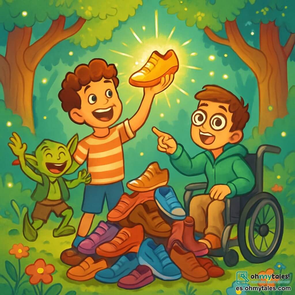 Hay 3 personajes: - Berengario: un chico de 12 años con cabello rizado y una gran sonrisa. Lleva una camiseta a rayas y un short, y sostiene un misterioso zapato brillante en su mano. - Rodrigo: un chico de 12 años, sentado en una silla de ruedas, con gafas redondas y una mirada llena de emoción. Lleva una sudadera verde y zapatillas desgastadas, y señala el zapato que Berengario sostiene. - Gremmy: un gremlin pequeño, con piel verde y orejas puntiagudas, que salta de alegría. Lleva un pequeño chaleco de hojas y pantalones de tela, y está justo al lado de Berengario, con los brazos levantados. La escena se desarrolla en un claro encantado en medio de un bosque mágico, rodeado de árboles gruesos y retorcidos cuyas hojas brillan con colores vivos. En el centro, hay una montaña de zapatos de todo tipo, algunos brillando bajo la luz del sol. Flores multicolores y luciérnagas bailan alrededor, creando una atmósfera mágica. La situación principal muestra a Berengario, Rodrigo y Gremmy descubriendo el zapato brillante en la cima de la montaña de zapatos, con Berengario levantando el zapato con asombro, Rodrigo sonriendo y Gremmy saltando de alegría, todos rodeados de un aura mágica que ilumina la escena.