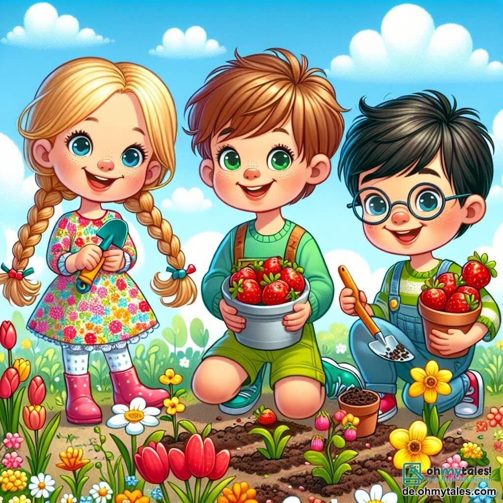 Drei Kinder stehen im Mittelpunkt des Bildes: - **Lena**, ein 8-jähriges Mädchen mit langen, geflochtenen blonden Haaren, trägt ein buntes Blumenkleid und lächelt fröhlich, während sie eine kleine Plastikkelle hält. - **Ben**, ein 9-jähriger Junge mit zerzausten braunen Haaren, trägt ein grünes T-Shirt und Shorts, er hält eine große Tasse mit roten Erdbeeren und hat leuchtende Augen vor Aufregung. - **Max**, ein 7-jähriger Junge mit schwarzen Haaren und runden Brillen, trägt einen blauen Pullover und Jeans, er pflanzt konzentriert und glücklich Samen in einen Blumentopf. Die Kinder sind von einem lebhaften Garten umgeben, der mit bunten Blumen wie roten Tulpen, gelben Narzissen und weißen Gänseblümchen gefüllt ist, unter einem klaren blauen Himmel mit ein paar flauschigen weißen Wolken. Die Szene spielt während eines Frühlingsfestes, bei dem die Kinder Spaß daran haben, Blumen zu pflanzen und Erdbeeren zu genießen, was die Freude und den Neuanfang der Saison symbolisiert.