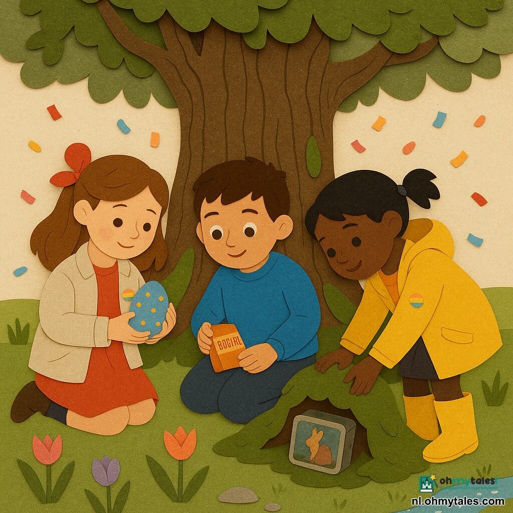 Drie kinderen van 6 jaar: Anna links met kastanjebruin haar en een rood lint, lichte jas en ze houdt voorzichtig een blauw ei met gouden stippen; Sam in het midden op zijn knieën in het gras met kort bruin haar, felblauwe trui, kijkt naar een klein metalen doosje en houdt een zakje koekjes; Noor rechts met zwarte staartjes en gele laarzen trekt een klein metalen doosje tevoorschijn dat onder groene moswortel bij een oude eik verborgen ligt; ze bevinden zich onder een grote oude eik met mosachtige wortels, omringd door lentegroen gras met tulpen en krokussen, enkele stenen en een klein glinsterend beekje op de achtergrond; samen ontdekken ze een metalen doosje met een konijntekening, hun spelden op de jassen glanzen in zachte regenboogkleuren als kleine lichtjes en er dwarrelt lichte gekleurde confetti om hen heen.