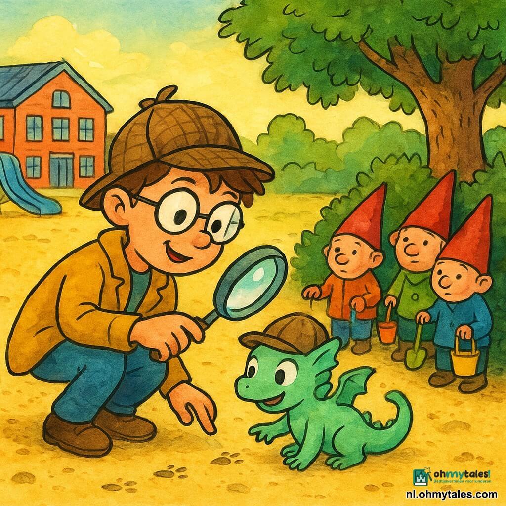 Kiki, een kleine draak met muntgroene schubben, nieuwsgierige ronde ogen en een speelse glimlach, draagt een detectivepet en wijst naar kleine voetafdrukken in het zand; Max, een jongen met glanzende ronde bril en gele jas, hurkt naast haar met een vergrootglas, geconcentreerd en enthousiast; drie kleine kabouters met puntmutsen en kleurrijke mantels staan bij een struik rechts, met emmertjes en plastic schepjes, een beetje schuldig maar vriendelijk, terwijl ze voorzichtig speelgoed teruggeven; op de achtergrond een rode baksteenschool, een blauwe glijbaan en een zonnige speeltuin rond een groot gouden zandbak met een oude eik die vlekkerige schaduw werpt; scène van ontdekking en rustig gesprek, levendig contrastrijk kleurenpalet, fijne zwarte inktlijnen, transparante aquarelachtige washes, korrelige zandtextuur en licht glanzende schubben, duidelijke gecentreerde compositie en overdreven gezichtsuitdrukkingen die nieuwsgierigheid en goedheid benadrukken.