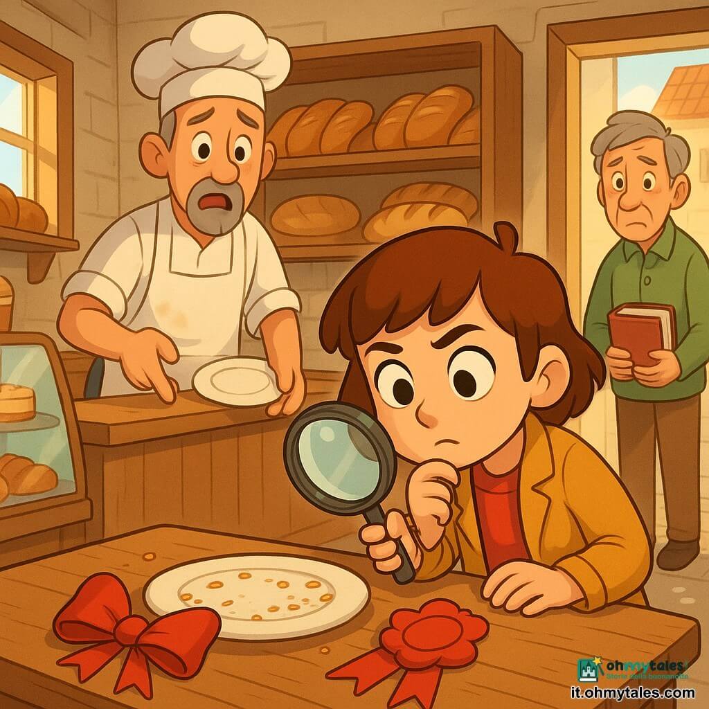 Detective Elisa, volto concentrato e dolce, occhi grandi e curiosi, capelli castani corti, giacca giallo senape e lente in mano, china su un tavolo del forno con espressione pensierosa; il fornaio Marco, adulto, barbetta grigia, grembiule bianco infarinato, preoccupato, a sinistra dietro il bancone che indica un piatto vuoto; il vicino Luigi, adulto, volto timido, capelli grigi, maglione verde, tiene un libro con un nastro rosso, alla porta del forno a destra con aria imbarazzata; il bambino Carlo, circa 8 anni, capelli arruffati, maglietta blu, sul marciapiede con le mani in tasca e sguardo colpevole; luogo: piccolo forno di paese luminoso con muri in pietra chiara, scaffali di legno, farina a terra, vetrina con dolci e luce calda mattutina; situazione: la torta del concorso è sparita, il tavolo centrale è vuoto con qualche briciola e un nastro rosso, Elisa ispeziona con la lente mentre gli altri osservano, atmosfera di mistero conviviale.