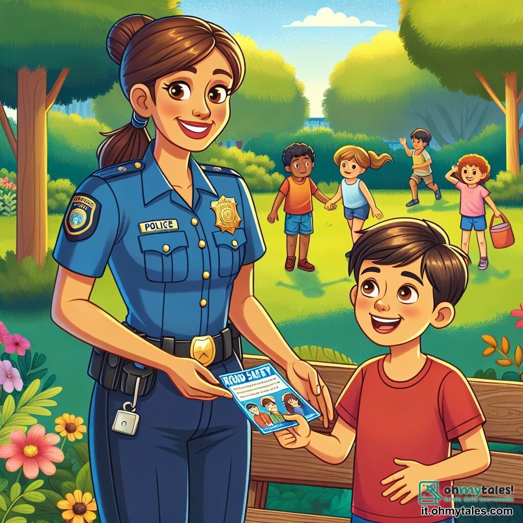 Una poliziotta sorridente, di circa trent'anni, con i capelli castani raccolti in uno chignon, indossa una divisa blu scuro e un distintivo lucente sul petto. Sta discutendo con un ragazzo di dodici anni, con capelli castani e occhi brillanti, che indossa una maglietta rossa e pantaloni corti blu. Il ragazzo, entusiasta, tiene in mano un volantino sulla sicurezza stradale. Si trovano in un parco verdeggiante, pieno di alberi e fiori colorati, dove dei bambini giocano in lontananza. Il sole splende, proiettando ombre morbide sul terreno. La scena principale mostra la poliziotta e il ragazzo che aiutano un uomo anziano, visibilmente preoccupato, a ritrovare il suo portafoglio perso vicino a una panchina di legno, mentre altri bambini li osservano con curiosità.