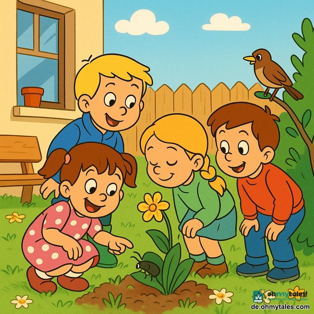 Vier Kinder erkunden sanft den Frühling in einem Kita-Garten: Mila (Mädchen, ~5 J.) mit braunen Zöpfen und rosa gepunktetem Kleid hockt lächelnd nahe einer kleinen gelben Blume, Ben (Junge, ~5 J.) mit kurzen blonden Haaren, blauer Jacke und grünen Gummistiefeln steht links und zeigt auf einen schwarzen Käfer auf einem Blatt, Sara (Mädchen, ~4 J.) mit blonden geflochtenen Haaren, hellgrünem Pullover und Rock rechts beugt sich mit geschlossenen Augen, um die Blume zu riechen, und Tom (Junge, ~5 J.) mit kastanienbraunen Haaren, rotem Sweatshirt und Jeans steht etwas zurück, Hände auf den Knien, schaut auf einen Vogel auf einem Buschzweig; um sie herum kurz geschnittener, leicht feuchter Rasen, verstreute Narzissen und Gänseblümchen, helle Holzlattenzaun, ein Holzbänkchen und ein Blumentopf am Fensterbrett, klarer blauer Himmel mit wenigen Wolken, warme Morgenbeleuchtung, fröhliche ruhige Stimmung, lebhafte Farben, runde, gut lesbare Cartoon-Züge im Stil der 90er, Komposition zentriert auf die Gruppe im Kreis um die Blume.