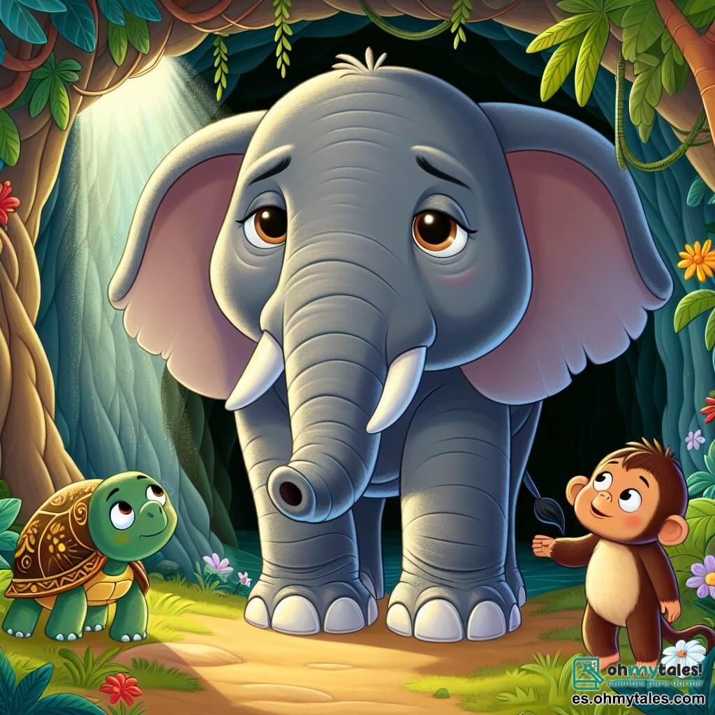 Un elefante llamado Elio, grande y majestuoso, con piel gris y orejas anchas, está en el centro de la escena, mirando con ojos llenos de preocupación hacia una cueva oscura. Su expresión muestra determinación y dulzura, con la trompa ligeramente levantada, listo para actuar. A su derecha, una tortuga llamada Tina, pequeña y sabia, con un caparazón verde decorado con patrones dorados, observa atentamente la cueva, sus ojos brillando de curiosidad. A la izquierda, un mono travieso llamado Martín, con pelaje marrón y ojos pícaros, se balancea en una liana, listo para entrar en la cueva y ayudar a su amigo. La escena se desarrolla en una jungla exuberante, rodeada de árboles gigantes y flores coloridas, donde la luz del sol filtra a través del follaje. Elio, Tina y Martín se preparan para liberar al sol atrapado en la cueva, un momento de tensión y esperanza donde la amistad y el coraje se unen para superar la oscuridad.