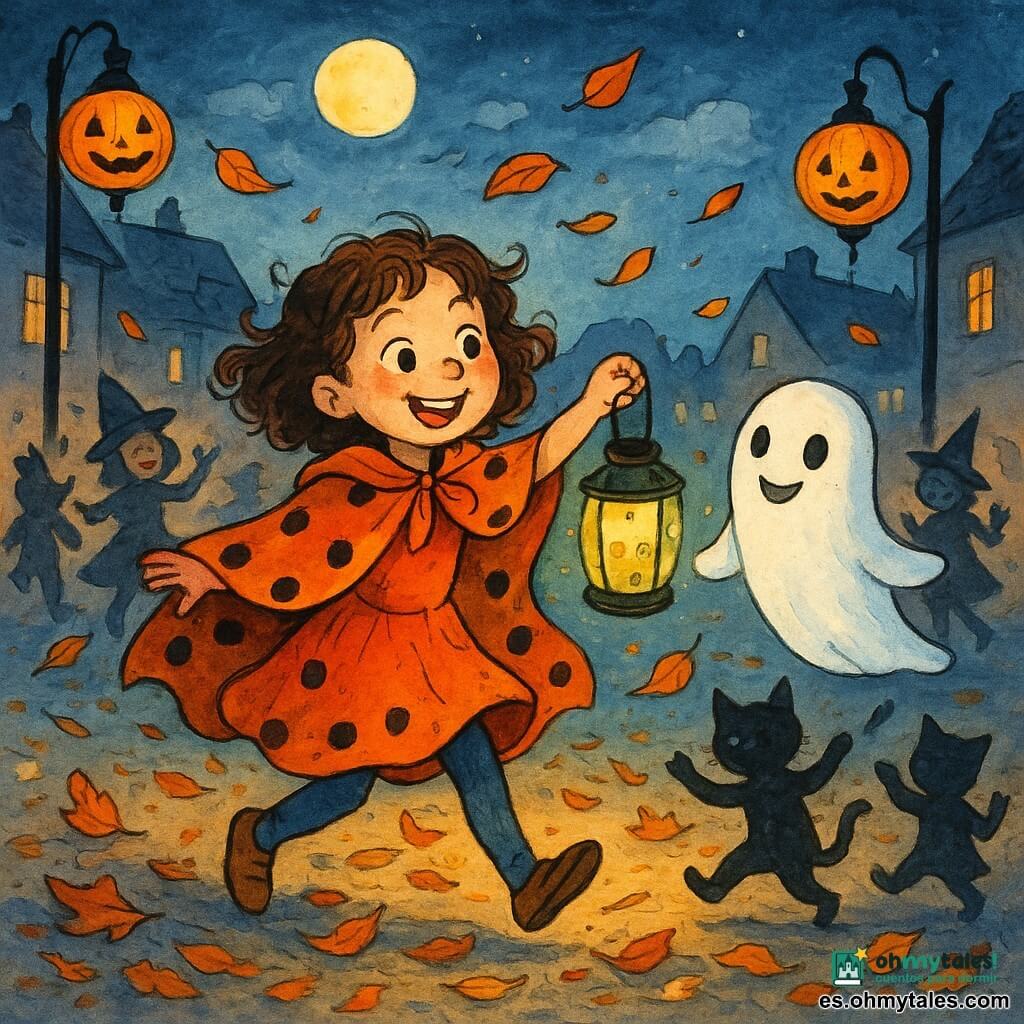 Una niña de 8 años llamada Alba, con cabello castaño rizado y ojos brillantes, lleva una capa naranja con lunares negros y sostiene una linterna decorada con luciérnagas. Sonríe emocionada y baila alegremente. A su lado, un pequeño fantasma llamado Nico flota en el aire, con una expresión amistosa y ojos brillantes como botones de nácar. Intenta seguir los pasos de baile de Alba. Al fondo, una plaza del pueblo animada por la noche de Halloween, iluminada por linternas con forma de calabazas colgadas de las farolas. Niños disfrazados de brujas, vampiros y gatos bailan alrededor de Alba y Nico, creando un ambiente festivo y colorido. La escena principal muestra a Alba y Nico en el centro de la plaza, rodeados de hojas de otoño que giran, mientras las sombras de los niños se proyectan en las paredes de las casas cercanas.