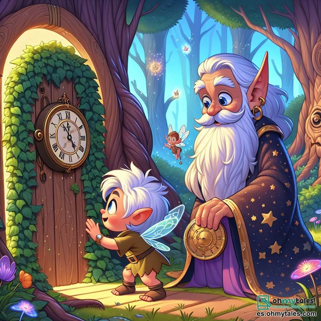 Un pequeño duende llamado Luni, con orejas puntiagudas y cabello brillante como estrellas, expresa gran curiosidad y asombro al descubrir una puerta de madera cubierta de hiedra en un bosque mágico. Está agachado, con los ojos muy abiertos, tocando la puerta con sus pequeñas manos. A su lado, el Guardián del Tiempo, un anciano sabio con larga barba blanca y una túnica estrellada, sonríe con benevolencia, sosteniendo un antiguo reloj en sus manos. La escena transcurre en un bosque encantado, donde árboles majestuosos con troncos retorcidos se elevan hacia el cielo, sus hojas brillando bajo la luz del sol. Flores coloridas y luciérnagas danzan a su alrededor, añadiendo un toque de magia a la atmósfera. La situación principal muestra a Luni, listo para abrir la puerta misteriosa que lo llevará a aventuras a través del tiempo, mientras el Guardián del Tiempo lo anima con una mirada llena de sabiduría.