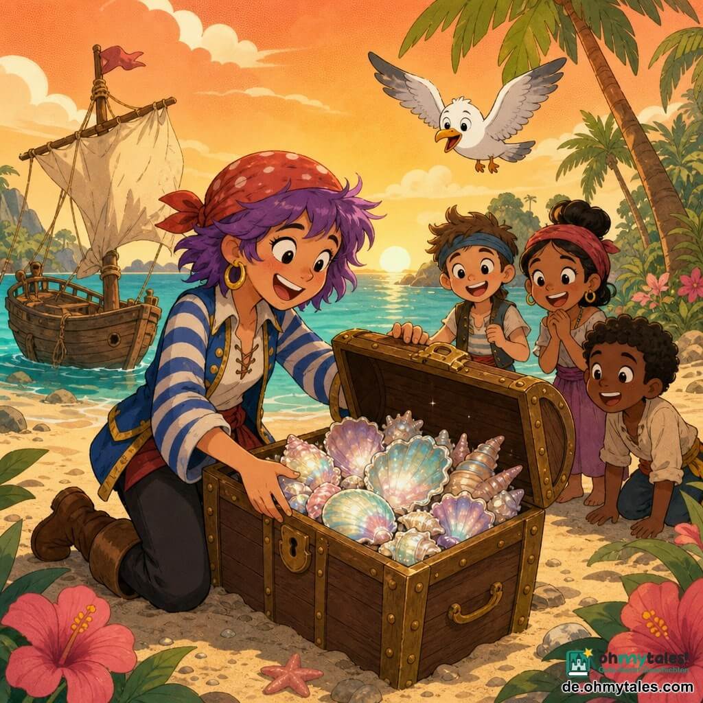 Lila ist eine fröhliche Piratin mit kurzem zerzaustem violettem Haar, gestreifter blau-weißer Jacke, rotem Bandana, Lederstiefeln und goldenem Ohrring; sie kniet im goldenen Sand und öffnet eine genagelte Holztruhe, aus der schimmernde, bunte Muscheln quellen; über ihr fliegt eine runde weiße Möwe mit ausgebreiteten Flügeln, hinter ihr liegt ein kleines Holzboot mit zerknittertem Segel auf türkisfarbenem Wasser; die Insel hat grüne Palmen und rosa Blumen, der Himmel ist spätnachmittags warm orange mit weichen Wolken — Hauptszene: glückliche Piratin entdeckt glänzende Muscheln in einer Truhe auf einer sonnigen Insel, sanfte, farbenfrohe Stimmung und einfache, runde Formen.