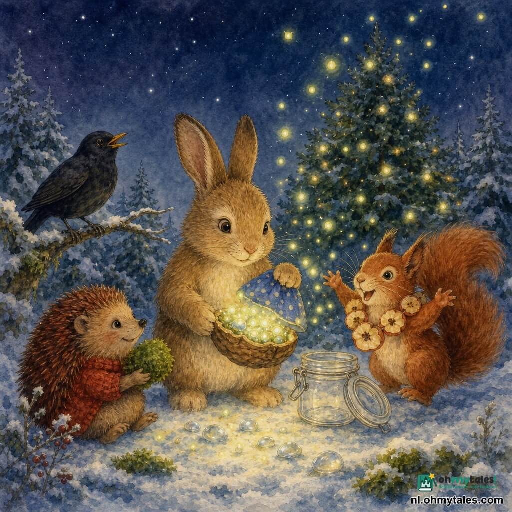 Een klein lichtbruin konijn met pluizig vachtje en zachte, vastberaden blik staat midden in een besneeuwde open plek in het Zilverbos en houdt een kleine notendop gevuld met maanstenen vast terwijl er honderden groene en gele glimwormen uitvliegen; links ligt een roodbruine egel met ronde stekels die dankbaar naar het konijn kijkt met een stukje groene mos als cadeau, achter het konijn zit een glanzende merel op een lage tak te zingen en rechts huppelt een levendige rode eekhoorn bij een lege glazen pot met een slinger van gedroogde appelschijfjes om de hals; op de achtergrond donkere, rijpbedekte sparren en een grote versierde kerstspar onder een indigoblauwe, sterrenhemel; intieme, warme scène met zachte aquarelkleuren (indigo, mosgroen, gouden accenten) en vloeiende, delicate texturen.