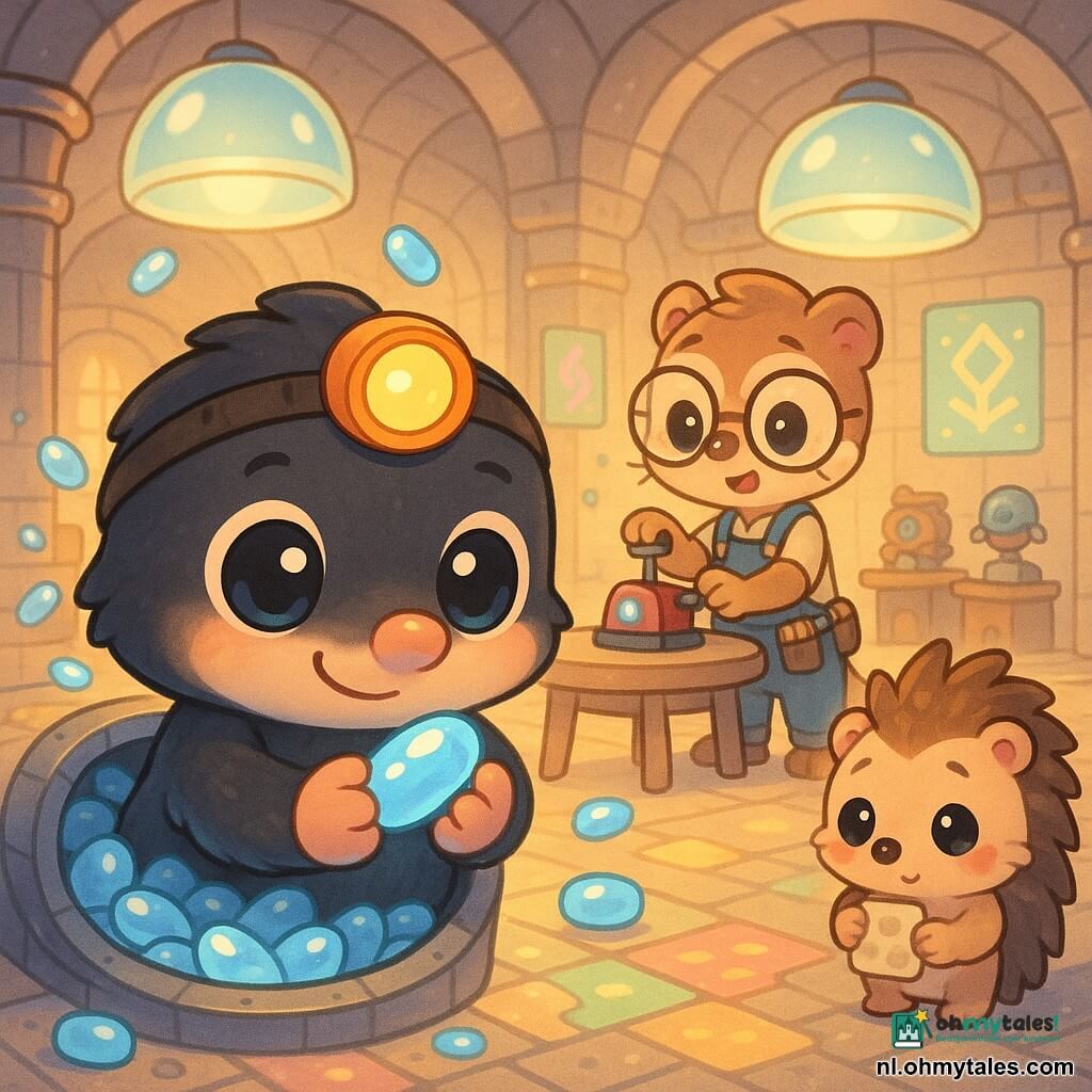 Milo, een kleine chibi-mol met glanzende ronde ogen, zwart zacht pelsje en een kleine oranje hoofdlamp, kijkt geconcentreerd en vriendelijk terwijl hij voorzichtig een blauwe glanzende capsule vasthoudt en zacht lacht; achter hem staat een jonge chibi-wezel uitvindster met ronde bril en een zakkenrijke tuinbroek bij een ronde tafel, opgelucht en nieuwsgierig terwijl ze op een klein rood apparaat drukt om een capsule op te laden, en naast hen staat een verlegen chibi-egel iets rechts-onder, die naar de capsule kijkt en een verkreukelde kaart vasthoudt, gerustgesteld. De scène speelt zich af in een futuristische ondergrondse hal met hangende doorschijnende koepels, lichte stenen muren met glinsterende metalen buizen, kleurrijke rune-achtige lichtreclames en kraampjes met mechanische objecten; er drijven meerdere kleine lichtcapsules rond en liggen er enkelen op een tafel, de sfeer is zacht, licht en ordelijk met pastelreflecties op de gezichten en een gevoel van samenwerking en herstel. Grafische stijl: chibi kawaii, verzadigde pasteltinten, nette contouren, zachte texturen en warm dramatisch licht onder de koepels.