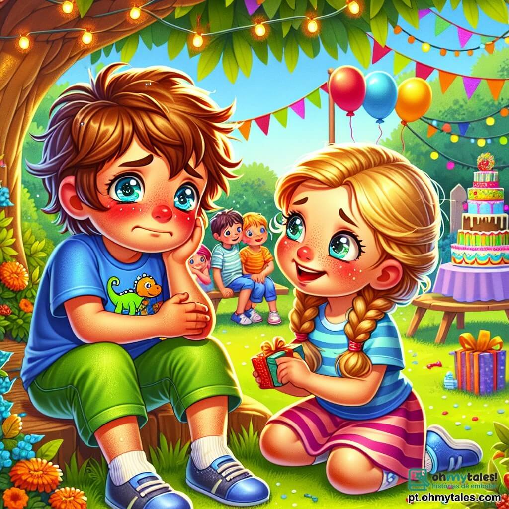Um garoto de 8 anos, Lucas, com cabelos castanhos bagunçados e olhos brilhantes, está sentado sob uma grande árvore, seu rosto vermelho de vergonha e as bochechas levemente úmidas, indicando que se sente envergonhado. Ele usa uma camiseta azul com dinossauros e shorts verdes, segurando um pequeno presente nas mãos. Ao seu lado, uma menina de 8 anos, Sofia, com cabelos loiros trançados e um sorriso caloroso, se agacha para falar com ele, seus olhos brilhando de compaixão. Ao fundo, um jardim festivo cheio de balões coloridos, guirlandas e uma grande mesa decorada com bolos e doces, onde outras crianças brincam alegremente. A situação principal mostra Lucas, um pouco triste, compartilhando suas emoções com Sofia, enquanto observam as outras crianças se divertindo ao redor deles.