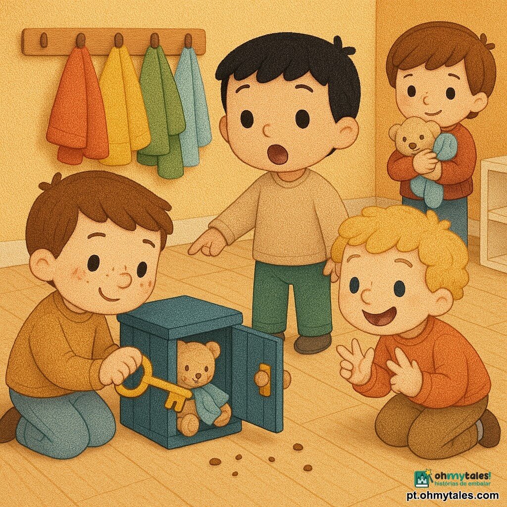 Quatro personagens: Tomás, menino de 4 anos, cabelo castanho curto, joelho esquerdo apoiado junto à esquerda, gira uma grande chave dourada numa caixa azul; Bento, menino de 4 anos, cabelo preto curto, ao centro, aponta para migalhas no chão com a boca entreaberta; Rui, menino de 4 anos, cabelo loiro encaracolado, à direita, agachado, conta nos dedos sorrindo; Leo, menino de 4 anos, cabelo castanho, atrás das crianças, segura um ursinho de pelúcia bege e um lenço azul junto ao peito, olhar tímido e aliviado. Local: sala de pré-escola com piso de madeira claro, migalhas no chão, cabideiro com casacos coloridos e uma pequena estante branca; no centro, uma caixa azul de madeira com portinha e fechadura de latão brilhante. Situação: os três pequenos detetives abrem a caixa com uma grande chave que faz um clique; a porta está entreaberta e dentro vê‑se um ursinho bege e um lenço azul, expressões de surpresa, ternura e alívio, cores quentes e formas simples.