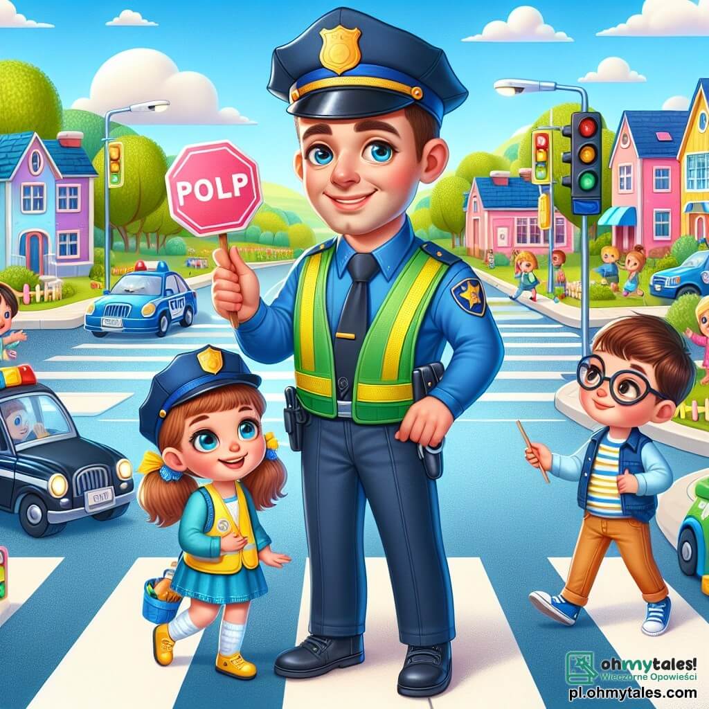 Uśmiechnięty policjant, mężczyzna w wieku około trzydziestu lat, w jasnoniebieskim mundurze i czapce, stoi w centrum obrazu, podnosząc rękę, aby kierować ruchem z wielkim, ciepłym uśmiechem. Jego oczy błyszczą radością i dumą, gdy pomaga dzieciom przejść przez ulicę. Po jego prawej stronie dziewczynka w wieku 9 lat, Zuzia, z długimi brązowymi włosami związanymi w dwa kucyki, nosi małą żółtą kurtkę i promienny uśmiech. Trzyma kartonowy znak drogowy, naśladując policjanta. Po jego lewej stronie chłopiec w wieku 10 lat, Adam, w okularach i brązowych włosach, nosi czapkę policyjną i kamizelkę odblaskową, uważnie obserwując ruch z skoncentrowanym wyrazem twarzy. Tło to uroczy miasteczko z kolorowymi znakami, miniaturowymi samochodami i dziećmi bawiącymi się radośnie wokół. W tle widać zielone drzewa i błękitne, słoneczne niebo, tworząc radosną i dynamiczną atmosferę. Główna sytuacja pokazuje policjanta i dzieci bawiących się w grę fabularną, gdzie symulują ruch, ucząc się ostrożności, jednocześnie dobrze się bawiąc.