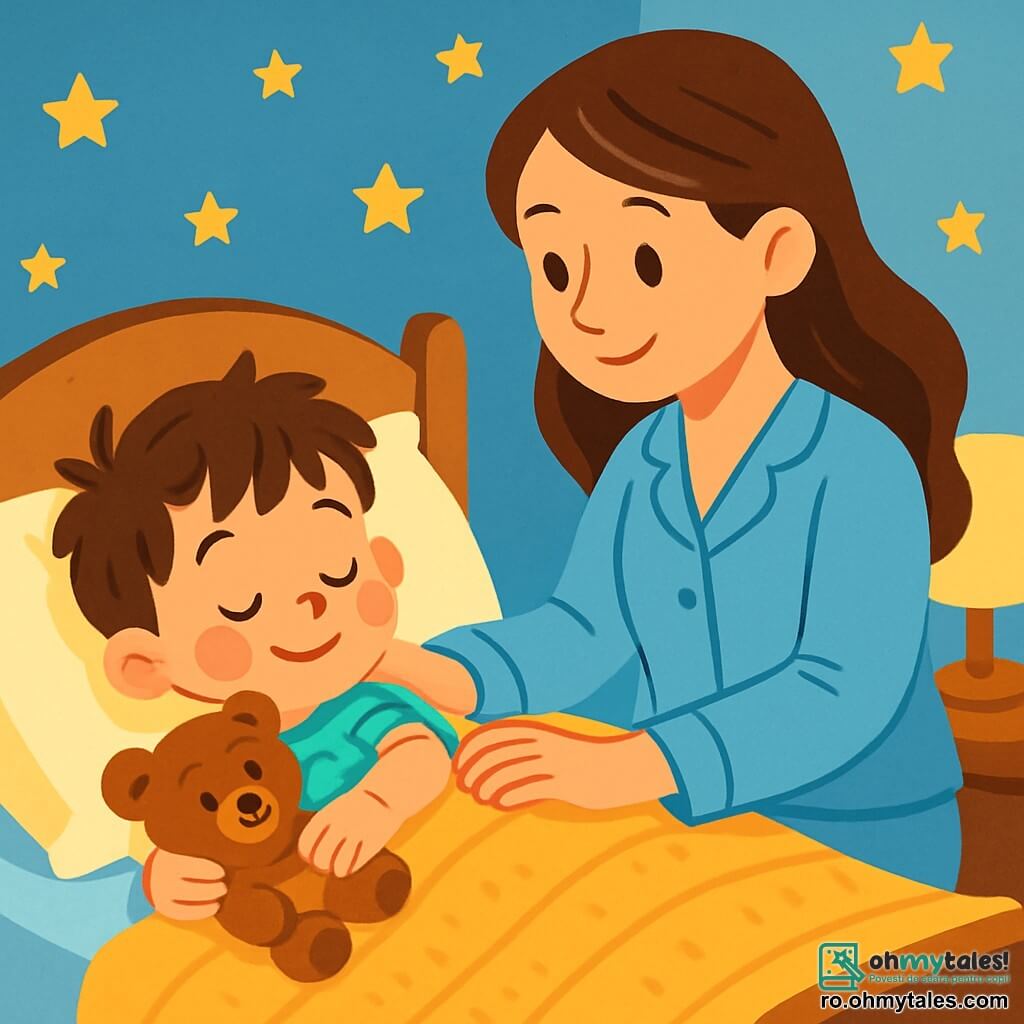 Un băiețel de 2 ani, cu părul brun dezordonat și ochi mari și rotunzi, este întins pe patul său, cu un zâmbet serafic pe față. Ține un urs de pluș moale și pufoasă la piept, obrajii îi sunt roz și expresia îi este liniștită. Mama sa, o femeie de aproximativ 30 de ani, cu părul lung și castaniu, stă lângă el pe pat, mângâindu-i cu blândețe spatele. Poartă un pijama bleu deschis și are o privire iubitoare, plină de blândețe. Scena se desfășoară într-o cameră călduroasă, cu pereții vopsiți în albastru pastel, decorată cu stele aurii lipite de tavan. O lampă blândă luminează încăperea, creând o atmosferă calmă și reconfortantă, în timp ce o pătură ușoară din lână îi acoperă picioarele băiețelului. Băiețelul respiră adânc, inspirând și expirând încet, în timp ce mama îi șoptește cuvinte liniștitoare, creând o atmosferă de serenitate și siguranță, propice adormirii.