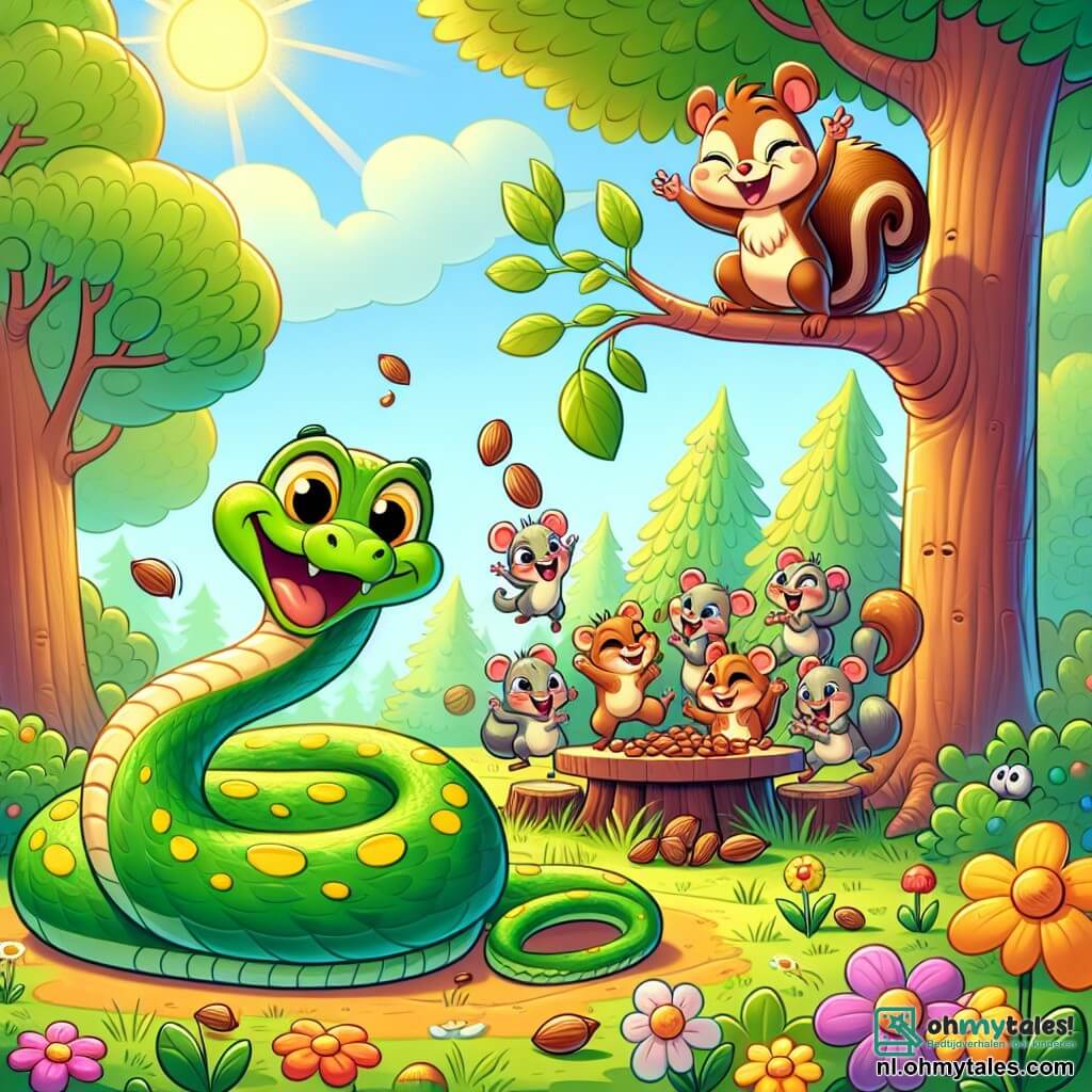 Sammy, de slang, is een lange groene slang met heldergele vlekken, zijn ogen schitteren van opwinding terwijl hij vrolijk om een grote boom kronkelt, met een glimlach op zijn gezicht. Naast hem is Timo, het kleine eekhoorntje, bruin met een pluizige staart, hij springt op een tak met zijn armen omhoog in teken van blijdschap, zijn ogen twinkelen van enthousiasme. De omgeving is een zonnige open plek, omringd door grote bomen met heldergroene bladeren, met kleurrijke bloemen die dansen in de wind. De hoofdscène toont Sammy en Timo die een groepje kleine muizen ontdekken die aan het dansen en vieren zijn rond een tafel vol noten, wat een feestelijke en vrolijke sfeer creëert.