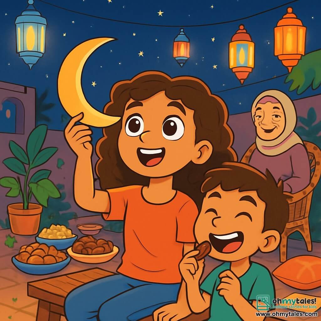 A 12-year-old girl, Lina, with curly brown hair, sparkling curious eyes, and a radiant smile, is sitting on an old wooden bench. She holds a golden cardboard crescent, her amazed gaze scanning the starry sky. Next to her, her 10-year-old brother Samir, with short hair and a mischievous expression, is nibbling on a date, laughing joyfully. In the background, their grandmother, an elderly woman with silver hair and a gentle face, smiles tenderly while sitting on a wicker chair, surrounded by traditional food dishes. The setting is a lively courtyard decorated with illuminated colorful lanterns, potted plants, and plush cushions scattered on the ground. The main scene shows Lina and her family gathered for dinner, sharing laughter and stories under a starry sky, creating a warm and festive atmosphere filled with magic and joy.