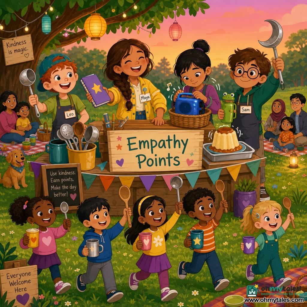 A smiling determined 10-year-old girl, Maya, with escaping braided brown hair and laughing eyes in a yellow jacket stands behind a small wooden reception counter, offering a binder notebook with a star sticker; to the left, about 9-year-old Leo, short red hair and a backwards cap, grins while holding a cake shovel used like a large spoon; behind Maya, about 9-year-old Juniper, black hair in a bun, adjusts a small portable speaker in a vibrating blue basket-speaker; to the right, about 9-year-old Sam, brown hair and round glasses, holds a large moon-shaped ladle and a frog water bottle while watching the crowd; the setting is a green clearing with a bright lawn, a colorful picnic blanket, families seated, lanterns hanging from a branch and a soft pink-orange gradient sky; the improvised picnic stand features a table with an "Empathy Points" sign, an assortment of odd spoons (pots, ladle, shovel), a wobbling pudding on a tray, and children in a mini-parade carrying cups and spoons as trophies, rendered in a warm, vivid palette with simple shapes, clean outlines, and a joyful, friendly atmosphere.