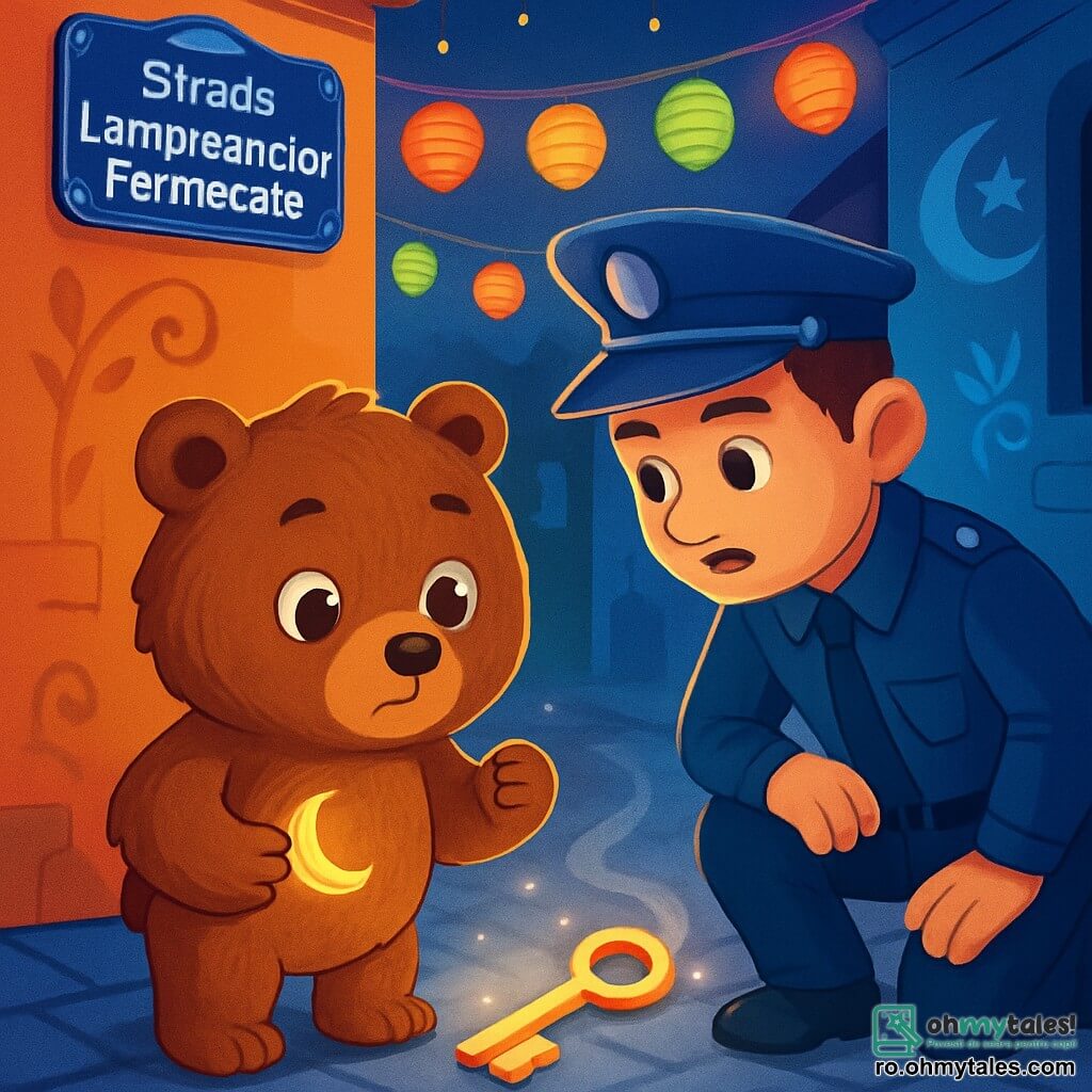 Un urs brun, pe nume Ursu, stă în centrul scenei, cu o expresie de determinare și curiozitate pe față. Are ochi rotunzi și strălucitori, iar blana lui este moale și mătăsoasă. Ursu ține un pandantiv mic în formă de lună care strălucește în laba sa. Lângă el, un polițist în uniformă albastră, pe nume Mircea, privește cu un aer serios, dar prietenos. Are părul brunet și poartă o șapcă cu un insignă argintie. Mircea se apleacă ușor spre Ursu, ca și cum i-ar șopti un secret important. În fundal, strada Lampioanelor Fermecate este iluminată de lampioane colorate care plutesc în aer, proiectând umbre dansante pe pavajul vechi. Pereții clădirilor sunt împodobiți cu fresce magice și simboluri misterioase, în timp ce stelele strălucesc pe cerul nocturn. Situația principală arată cum Ursu și Mircea descoperă o cheie aurie, strălucitoare, așezată pe pavaj, înconjurată de o ceață ușoară argintie care dă o atmosferă fermecată scenei.