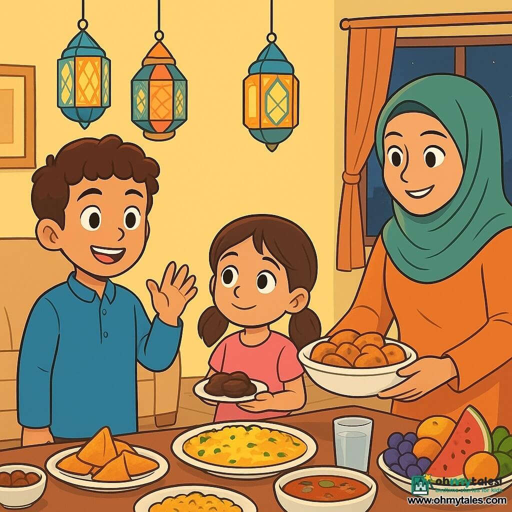 A 12-year-old boy named Sami, with curly brown hair, is wearing a blue shirt and a radiant smile, standing in front of a table decorated with colorful dishes for the Ramadan dinner. His eyes shine with excitement and nervousness as he prepares to greet the guests. Next to him, his 6-year-old sister Malak, with two pigtails and a pink dress, looks at her brother with admiration, holding a small plate of dates. Their mother, a woman in her thirties wearing a green scarf and a warm smile, is nearby, adding dishes to the table. The scene takes place in a cozy living room with soft yellow walls, colorful lanterns hanging from the ceiling, and a large window letting in the evening light. The table is adorned with traditional dishes, fresh fruits, and sparkling glasses, creating a festive and warm atmosphere. Sami, looking determined, is about to say "Good evening" to the guests, surrounded by the love and joy of his family.