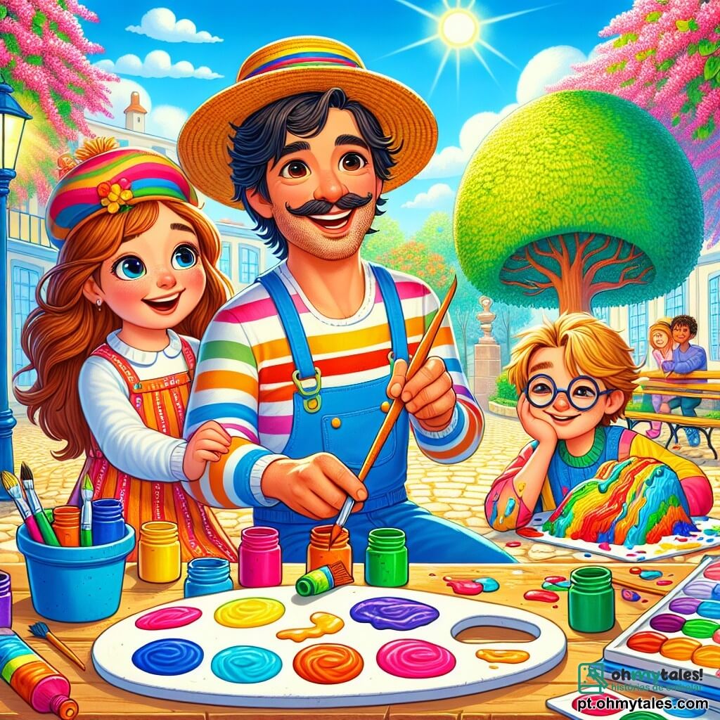 Um homem chamado João, com um grande sorriso, usa um chapéu colorido e uma camisa listrada. Ele mistura tintas vivas em uma paleta, cercado por potes de cores vibrantes, expressando alegria e entusiasmo. Ao seu lado, uma menina de 8 anos, Ana, com longos cabelos castanhos e um avental de pintura, pinta uma grande árvore verde em uma tela, com os olhos brilhando de excitação. Um menino de 7 anos, Pedro, com óculos e cabelos loiros bagunçados, está sentado no chão, moldando uma escultura de argila, com um sorriso orgulhoso no rosto. A cena acontece em uma bela praça ensolarada, cercada por árvores floridas e bancos coloridos. Crianças brincam ao redor e pássaros cantam no céu azul. A situação principal mostra João ensinando as crianças a misturar cores e criar obras de arte, todos rindo e compartilhando sua criatividade em um ambiente alegre e inspirador.