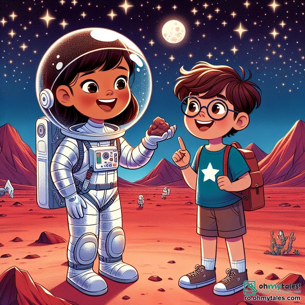 O astronaută pe nume Ana stă în picioare pe suprafața roșie a lui Marte, zâmbind cu entuziasm. Ea poartă o costum spațial alb strălucitor și un casca transparentă care îi lasă la vedere părul brun prins într-o coadă de cal. Ana ține un eșantion de rocă într-o mână și arată spre cerul înstelat cu cealaltă. Lângă ea, un băiat de 8 ani pe nume David, cu părul blond și ochelari rotunzi, privește uimit. El poartă un tricou albastru cu stele și un șort, fiind fascinat de vederea stelelor strălucitoare deasupra lor. Peisajul marțian este deșertic, cu dune de nisip roșu și munți îndepărtați sub un cer întunecat presărat cu stele strălucitoare. Ana îi explică lui David minunile spațiului, admirând împreună frumusețea universului, creând un moment magic de explorare și descoperire.