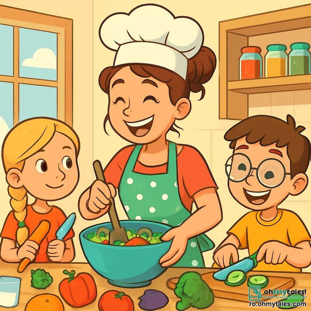 Chef Ana, o femeie veselă de aproximativ treizeci de ani, poartă un șorț drăguț cu buline verzi și o pălărie de bucătar. Fața ei radiază fericire și entuziasm în timp ce amestecă ingrediente într-un bol mare. Părul ei brun este prins într-un coc dezordonat, iar ochii îi strălucesc de creativitate. Lângă ea, Maria, o fetiță de 8 ani cu părul lung blond împletit, observă atent. Ține o morcov în mâna dreaptă și un cuțit din plastic în cealaltă, pregătită să ajute. Un pic mai departe, Lucas, un băiat de 9 ani cu ochelari rotunzi, încearcă să taie legume cu un zâmbet mare, dar pare puțin stângaci. Scena se desfășoară într-o bucătărie luminoasă, cu feronerie deschise care lasă să intre lumina zilei. Rafturile din lemn sunt pline de borcane colorate cu condimente, iar un mare blat de lucru este acoperit cu legume proaspete, fructe și ustensile de bucătărie strălucitoare. Situația principală arată cum Chef Ana și copiii pregătesc un fel de mâncare special pentru festival, înconjurați de o atmosferă veselă și animată. Râsetele și vocile răsună în bucătărie, în timp ce ingrediente colorate zboară în toate direcțiile, creând o atmosferă de sărbătoare și creativitate culinară.