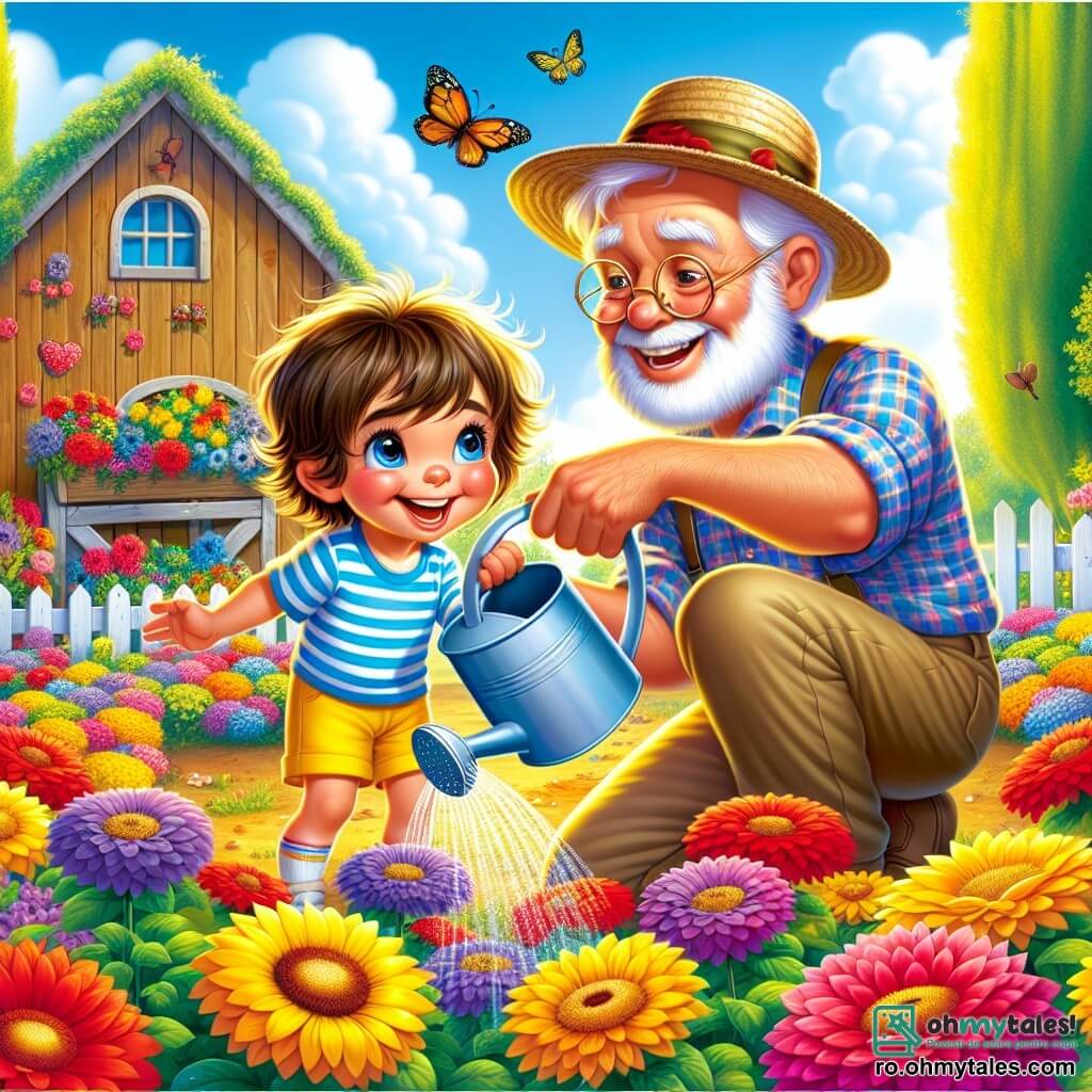 Un băiat de 4 ani, Andrei, cu părul castaniu și un zâmbet mare, udă flori colorate într-o grajd frumos. Poartă o cămașă mică cu dungi albastre și o pereche de pantaloni scurți galbeni, iar ochii îi strălucesc de entuziasm. Lângă el, bunicul său, un bărbat în vârstă cu barbă albă și ochelari rotunzi, se apleacă ușor pentru a-i arăta cum să ude corect plantele. Poartă o șapcă de paie și o cămașă cu carouri, zâmbind cu mândrie în timp ce își privește nepoțelul. Scena are loc într-un grajd însorit, înconjurat de flori strălucitoare de toate culorile, cu fluturi zburând în jur. Andrei udă cu entuziasm florile, în timp ce bunicul îi explică importanța îngrijirii plantelor, creând astfel un moment magic de împărtășire și învățare în natură.