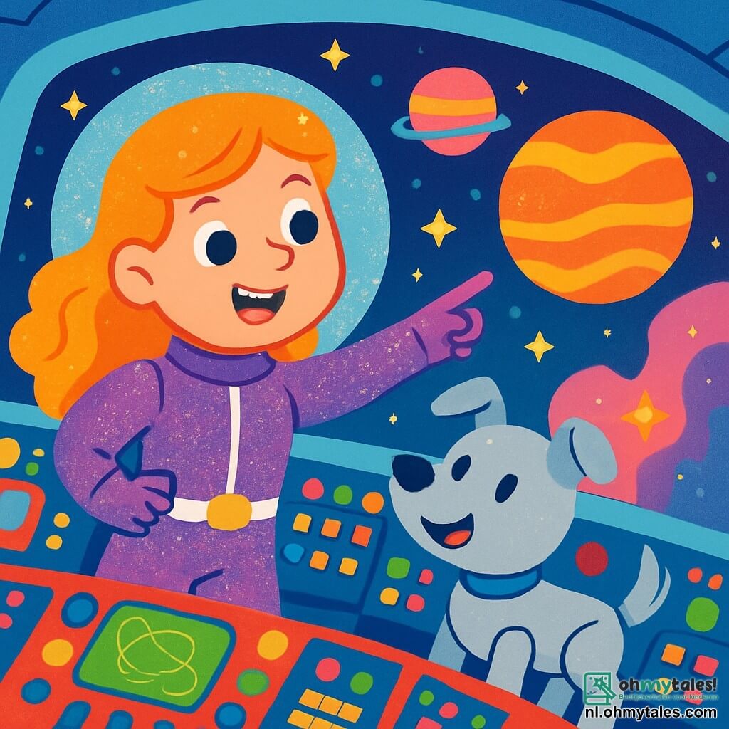 Commandant Luna, een vrouw met glanzend, golvend haar, draagt een schitterend ruimtepak. Ze heeft een vrolijke glimlach en sprankelende ogen van opwinding terwijl ze rechtop staat in de cockpit van haar ruimteschip. Naast haar staat Bliep, een kleine robot-hond met zilverachtig metaalachtig vacht, die met zijn staart kwispelt en blije piepgeluiden maakt. De cockpit is gevuld met kleurrijke knoppen, heldere schermen en ramen die een spectaculair uitzicht bieden op fonkelende sterren en kleurrijke planeten. De hoofdscène toont Luna die naar een mysterieuze planeet wijst, omringd door schitterende nevels, klaar om op een nieuw avontuur in de ruimte te gaan.