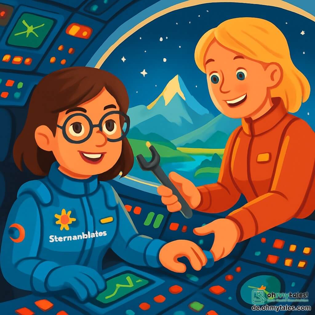 Eine Ingenieurin, Anna, mit braunen Haaren und runden Brillen, lächelt entschlossen im Cockpit ihres Raumschiffs, der "Sternenblume". Sie trägt einen blauen Raumanzug, verziert mit glänzenden Gadgets, und beobachtet aufmerksam die Kontrollbildschirme. An ihrer Seite reicht eine andere Frau, Mia, etwa 30 Jahre alt, mit blonden Haaren und einer roten Raumjacke, ihr freundlich ein Werkzeug, bereit zu helfen. Das Cockpit ist voller blinkender Lichter und bunter Knöpfe, mit einem großen Fenster, das eine spektakuläre Aussicht auf die Landschaft von Nova Terra bietet, einer Welt mit majestätischen Bergen und grünen Tälern unter einem Sternenhimmel. Die Hauptsituation zeigt Anna und Mia, die zusammenarbeiten, um das Kommunikationsrelais des Schiffs zu reparieren, umgeben von einer Atmosphäre von Kameradschaft und Abenteuer, während sie gemeinsam eine Herausforderung im weiten Weltraum meistern.