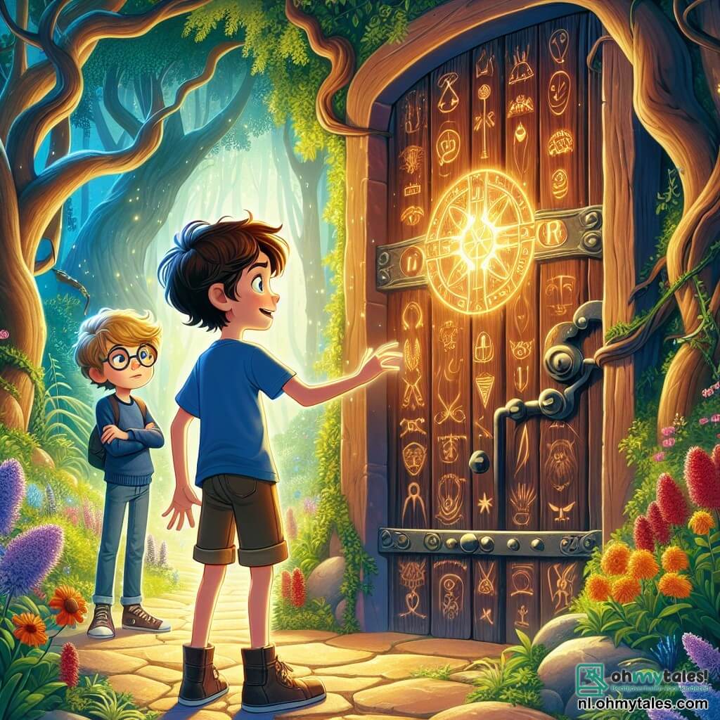 Een 12-jarig jongen, Sam, staat voor een magische houten deur, versierd met mysterieuze symbolen, met opgewonden ogen en rommelig kastanjebruin haar. Hij draagt een blauwe t-shirt en een short, en steekt zijn hand uit naar de deur, klaar om deze te openen. Naast hem kijkt zijn beste vriend Max, ook een 12-jarige jongen met blond haar en een bril, met een mengeling van nieuwsgierigheid en bezorgdheid naar de deur, met zijn armen gekruist. De locatie is een betoverd bos, met grote bomen met knoestige stammen, heldergroene bladeren en zonnestralen die door het loof filteren, wat een magische en mysterieuze sfeer creëert. Kleurrijke bloemen omzomen het pad en voegen een vleugje kleur toe aan dit feeërieke decor. Sam en Max staan voor de deur, aarzelend om een onbekende wereld binnen te gaan, hun gezichten verlicht door het licht dat uit de deur komt, wat het avontuur symboliseert dat hen te wachten staat.