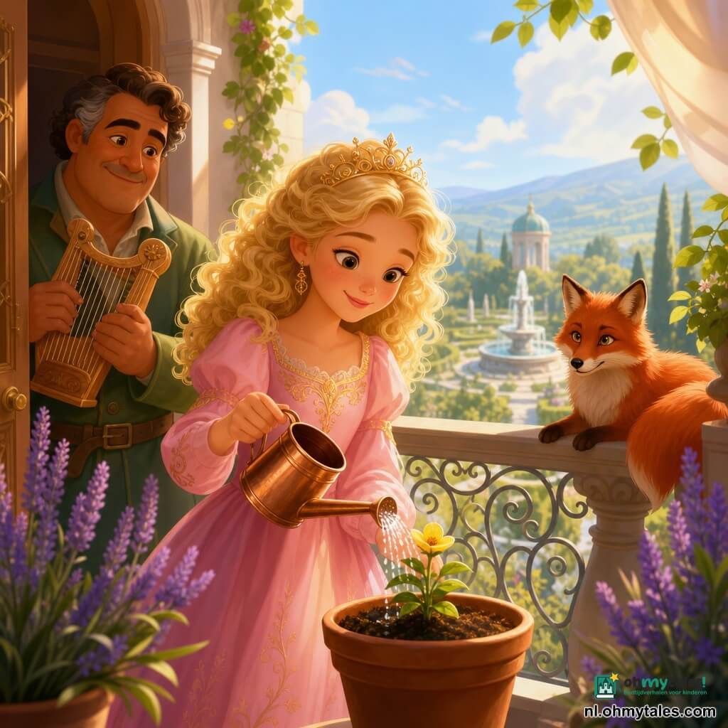 Prinses (meisje) in het midden met warme glimlach en blonde krullen, giet zacht water uit een koperen gieter op een kwetsbaar plantje met een gele bloem; tuinman Bertram (~55) links, rond gezicht met kastanjebruine wenkbrauwen en groene werkjas, houdt een kleine houten harp en staat iets terug bij de tuindeur; Vixen de vos rechts, rood vacht en pluimstaart, kijkt rustig vanuit de schaduw van het balkon; locatie: balkon van een lichtstenen paleis met sierlijke smeedijzeren balustrade, terracottapotten en paarse lavendel, op de achtergrond een uitgestrekte tuin met marmeren fontein en verre heuvels onder een lichtblauwe hemel; sfeer: heldere ochtend, warme zonnestralen op het plantje, lichte wind die gordijnen en bladeren doet bewegen, zachte attente atmosfeer en verzadigde pasteltinten met fijne texturen.