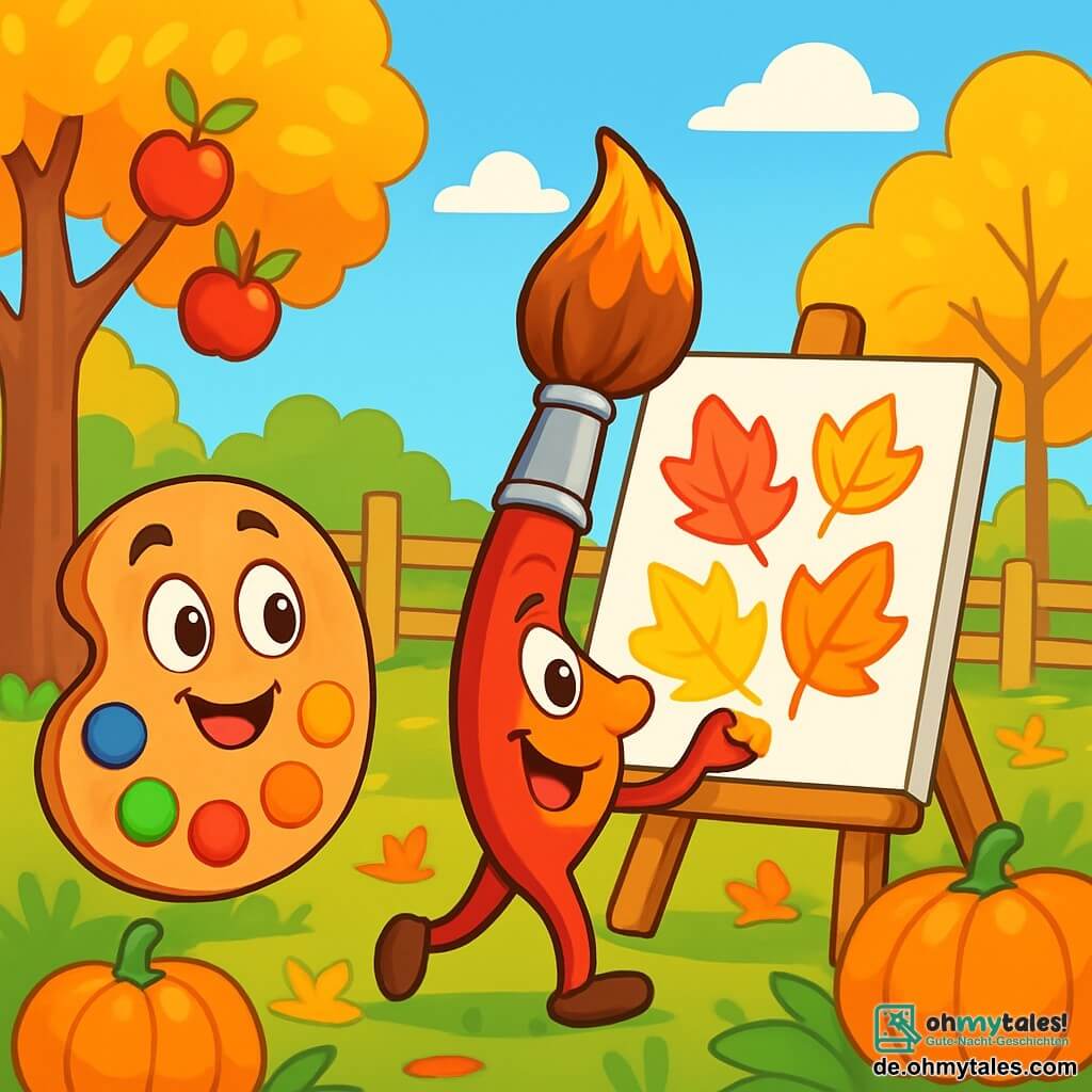 Pinsel, ein kleiner Pinsel mit gestreiften Borsten und einem leuchtend roten Griff, ist fröhlich und begeistert. Er tanzt um eine große Leinwand und malt leuchtend bunte Herbstblätter: rot, orange und gelb. In der Nähe lächelt seine treue Palette, ein rechteckiges Holzstück mit Farbflecken, mit funkelnden Augen und bietet ihm leuchtende Farben an. Die Palette scheint aufgeregt und bereit, ihm bei seiner Kreation zu helfen. Die Szenerie ist ein charmanten Bauernhofgarten mit Bäumen mit goldenen Blättern, roten Äpfeln, die an den Zweigen hängen, und runden, glänzenden Kürbissen, die auf dem Boden verteilt sind. Die Szene zeigt Pinsel bei seiner kreativen Arbeit, während er die Magie des Herbstes auf seiner Leinwand festhält, umgeben von der bunten Schönheit der Saison.