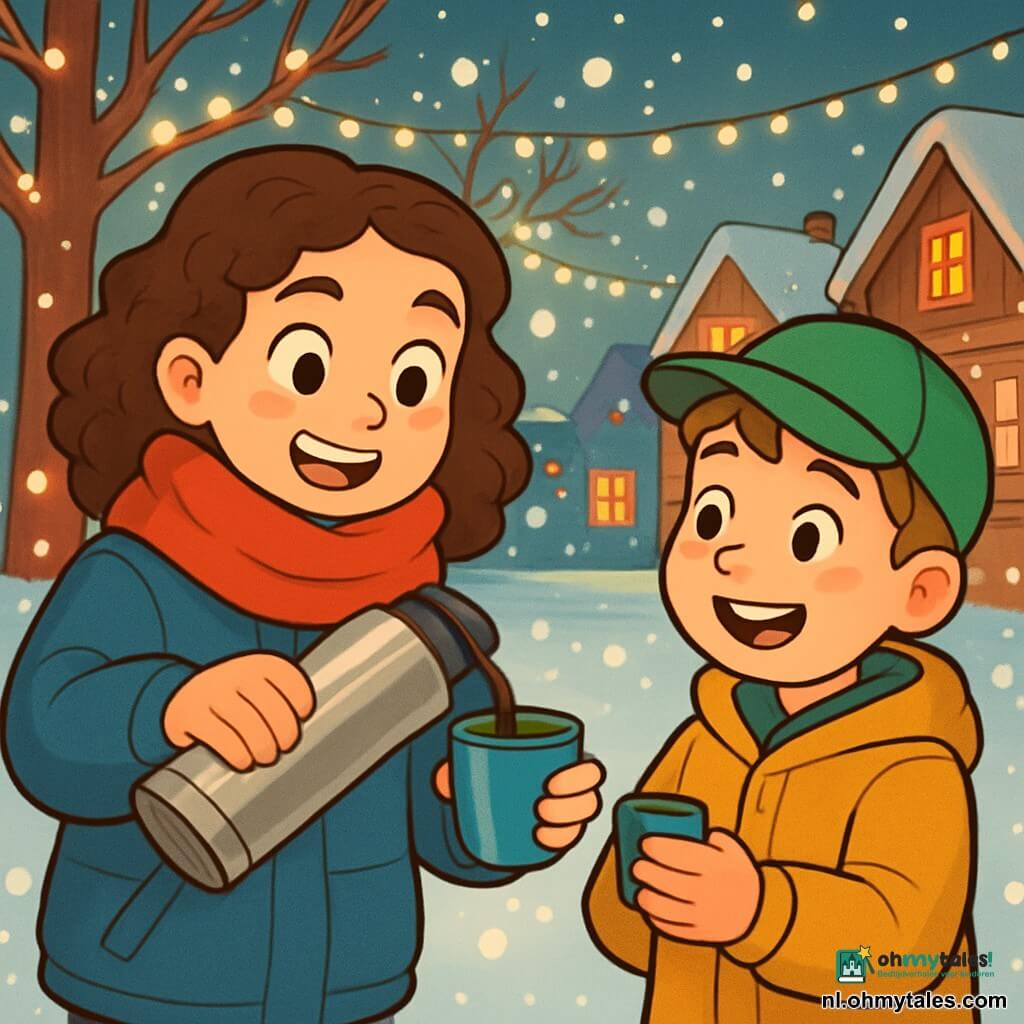 Een 10-jarig meisje met krullend kastanjebruin haar en nieuwsgierige ogen draagt een grote rode sjaal en een dikke blauwe jas. Ze glimlacht verwonderd terwijl ze een metalen thermos in haar handen houdt, klaar om chocolademelk te delen. Naast haar staat een 9-jarig jongetje met roze wangen en een groene pet, die het meisje blij aankijkt terwijl hij een klein plastic kopje vasthoudt. De setting is een besneeuwde straat, verlicht door fonkelende lichtjes aan de bomen, terwijl sneeuwvlokken zachtjes om hen heen vallen. Houten huizen met met sneeuw bedekte daken omringen de straat en creëren een warme, feestelijke sfeer. Het belangrijkste moment laat het meisje en het jongetje zien die een blije tijd delen, klaar om warmte en zoetheid te bieden aan degenen die het nodig hebben, in een kerstgeest vol magie en delen.